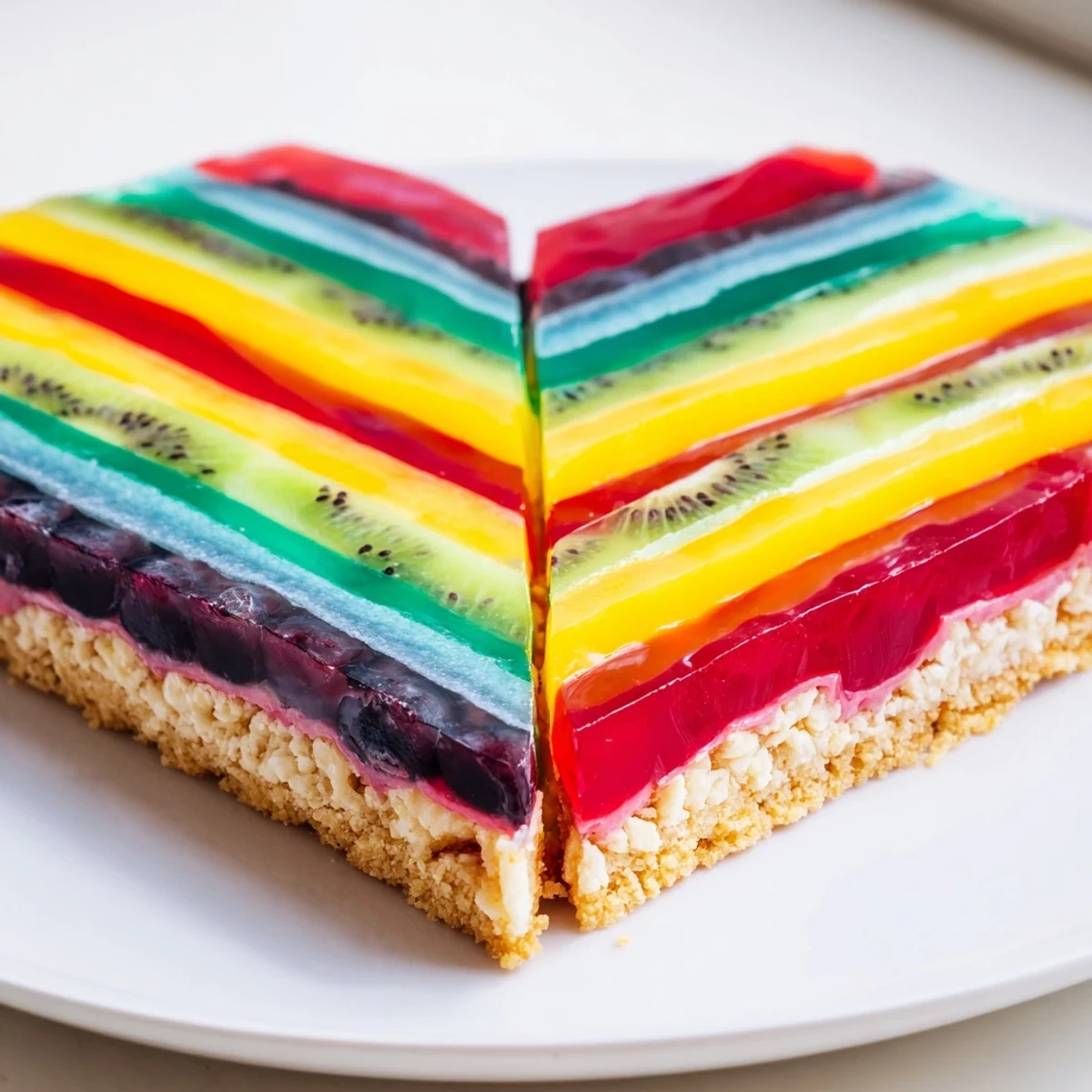 Vibrant slices of The Kaleidoscope dessert showcasing layers of colorful fruit purees, a stunning sweet treat.