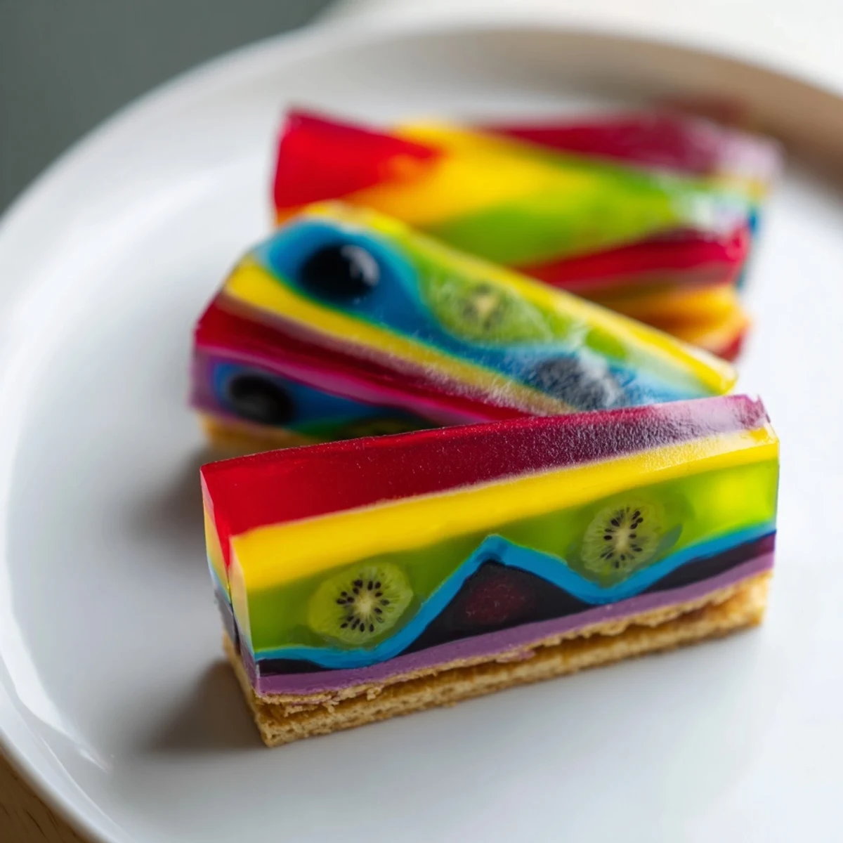 A chilled slice of The Kaleidoscope, a dessert bursting with jewel-toned segments and rich flavors.