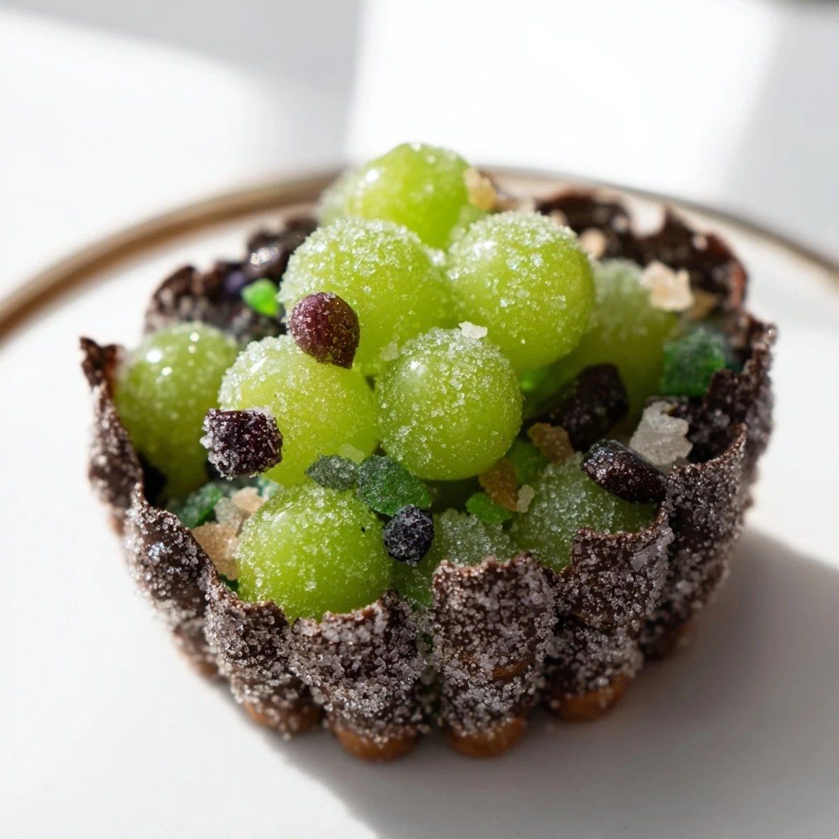 A magical "Crystal Cave" dessert features shimmering grapes nestled inside a structure of dark chocolate wafers.