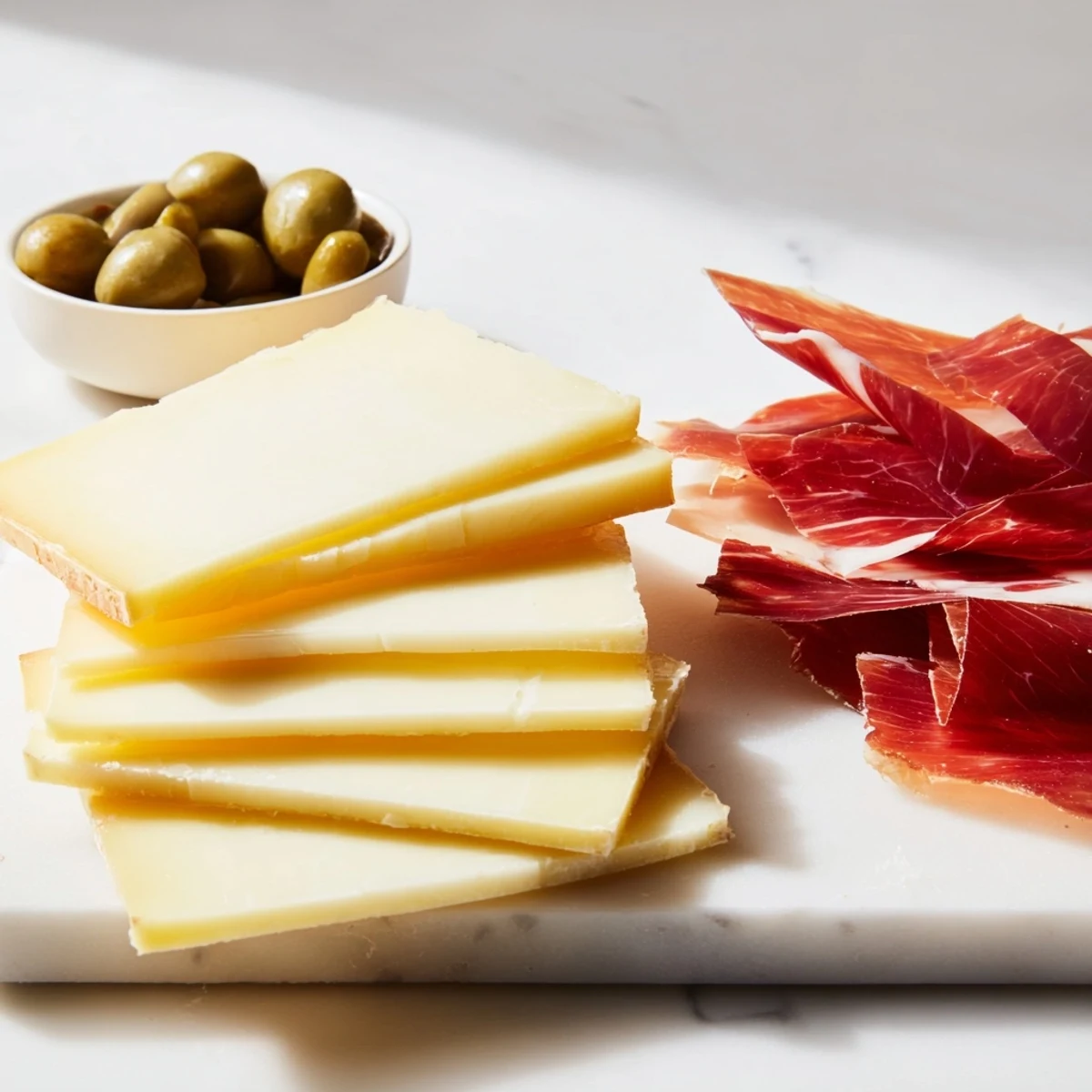 The Minimalism Master cheese board: savory Jamón Ibérico and Castelvetrano olives displayed with Comté.