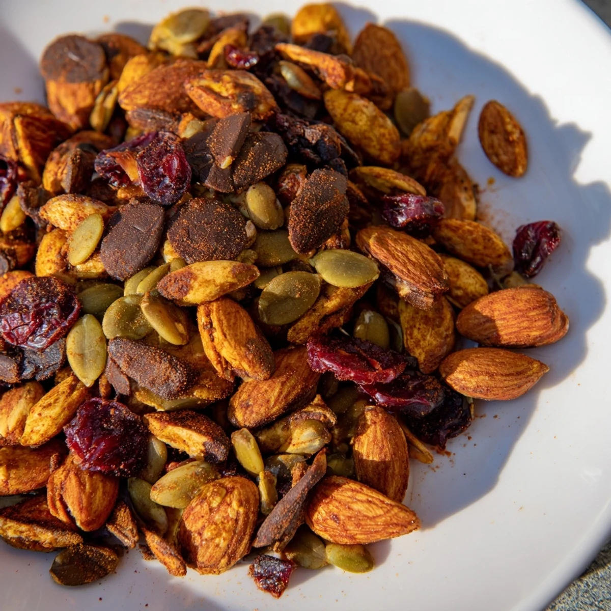 A close-up of a delightful homemade acorn and oak snack mix with dried cranberries mixed in.
