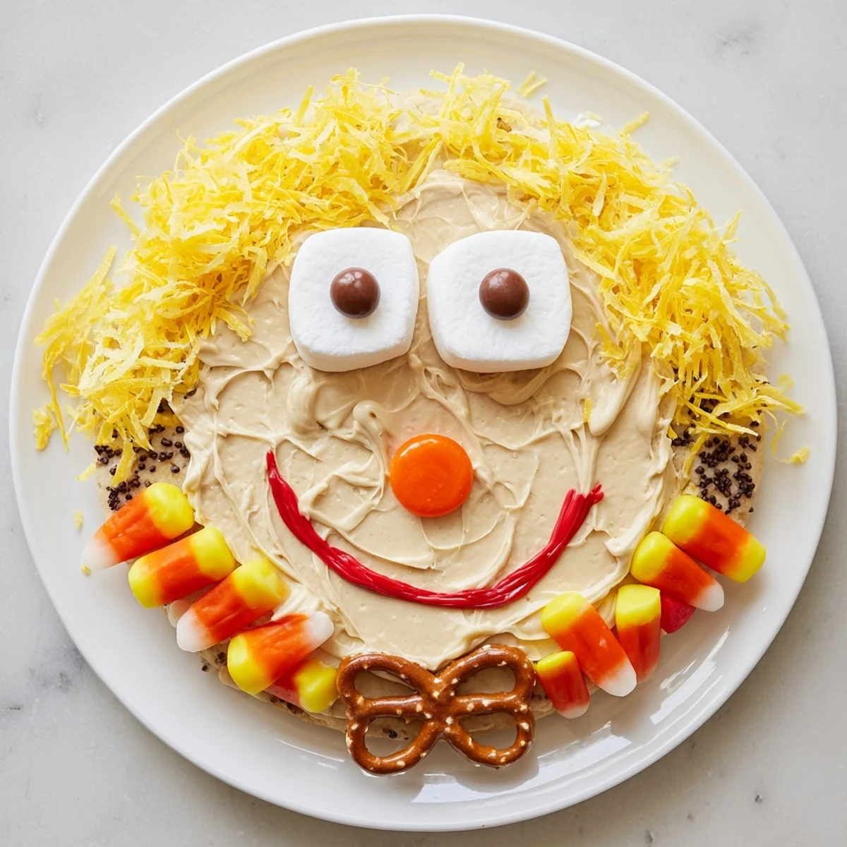 This festive Scarecrow Candy Platter displays candy corn and a red licorice smile sure to delight everyone.