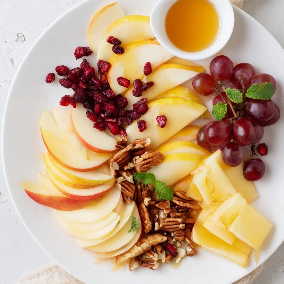 A colorful Apple Orchard Fruit Board with crisp apple slices, grapes, and cheddar cheese.