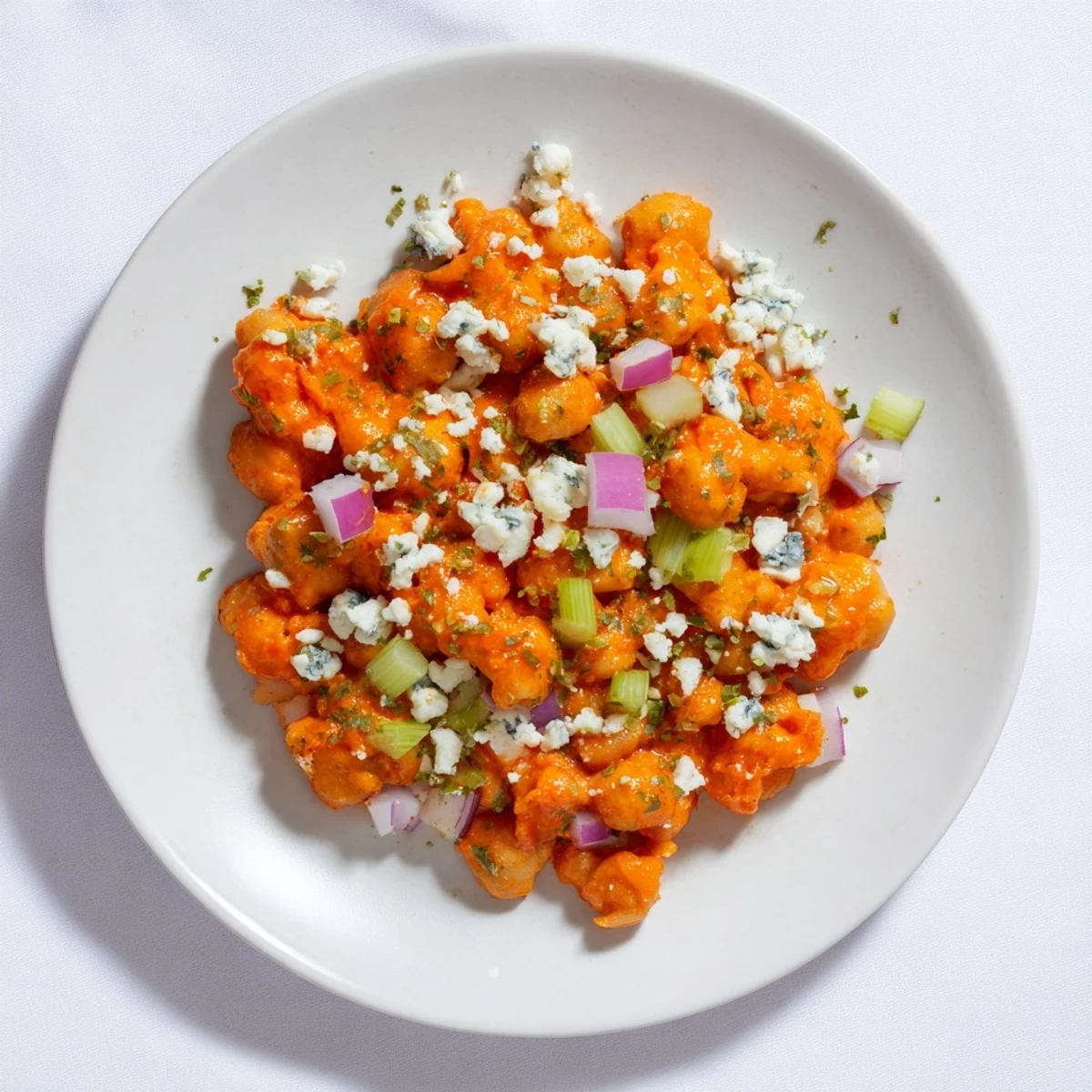 This colorful buffalo chicken bean salad features juicy chickpeas, crunchy vegetables, and zesty sauce.