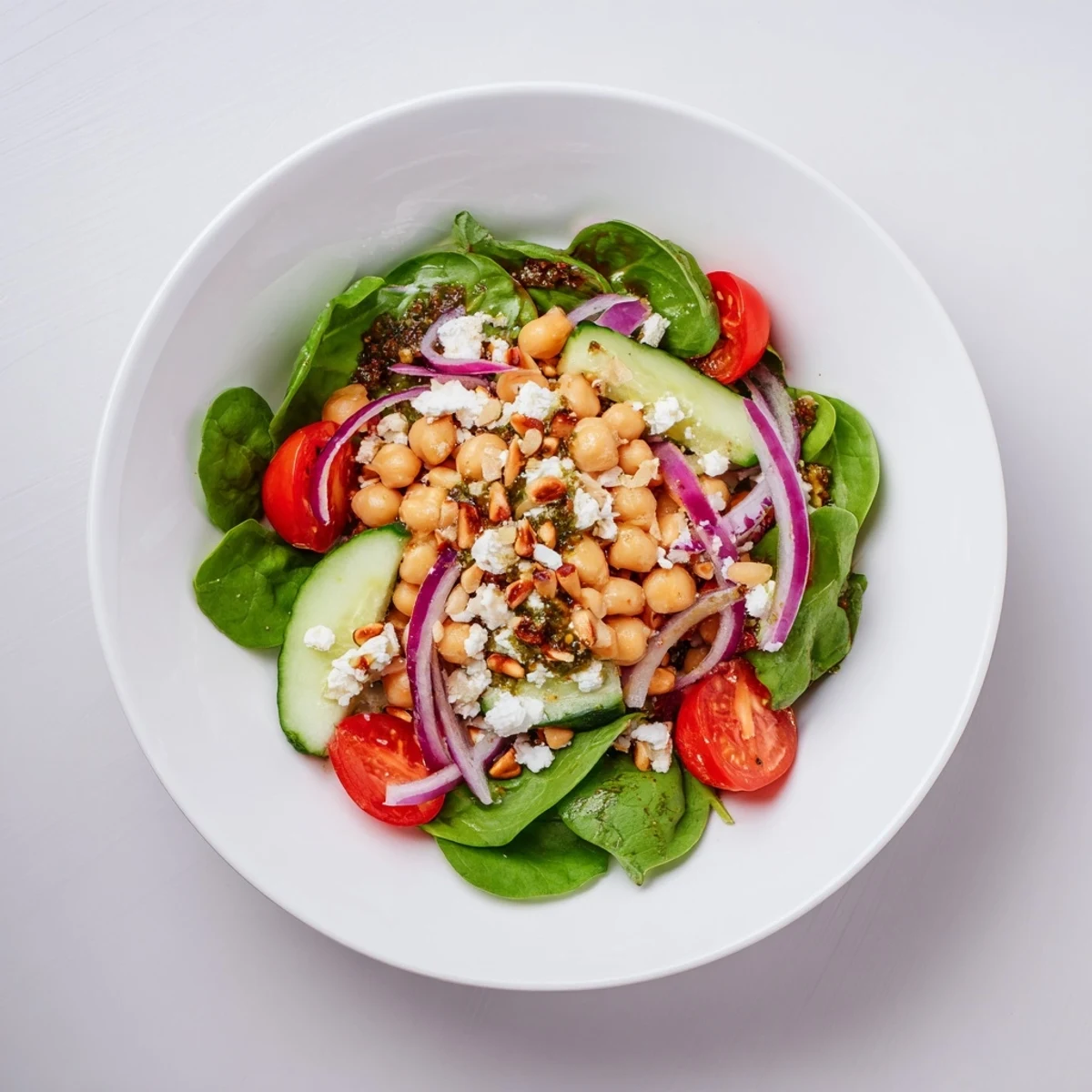 Vibrant Pesto Chickpea and Spinach Salad with juicy tomatoes, drizzled with homemade pesto for a light dinner.