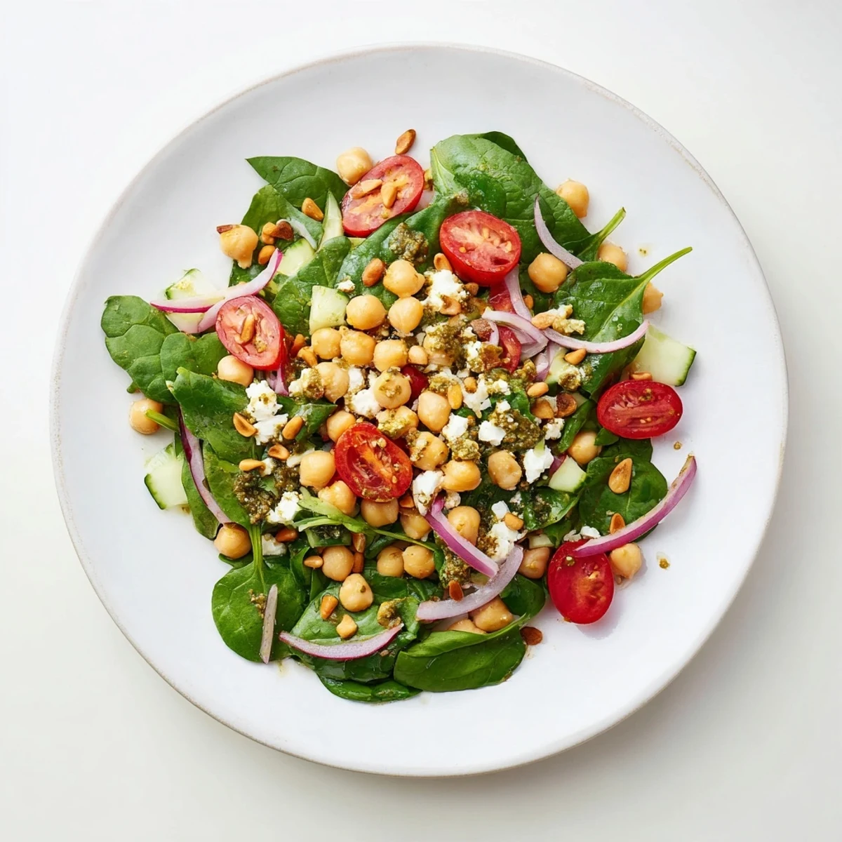 A close-up shot of the Pesto Chickpea and Spinach Salad, showcasing fresh spinach and creamy chickpeas.