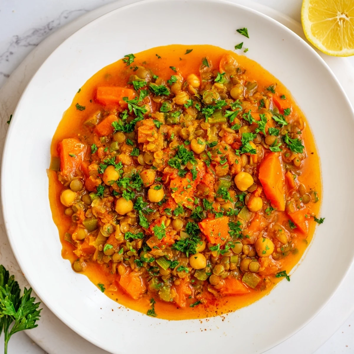 Middle Eastern lentil and chickpea stew, steaming in a bowl, garnished with fresh parsley and lemon wedges.