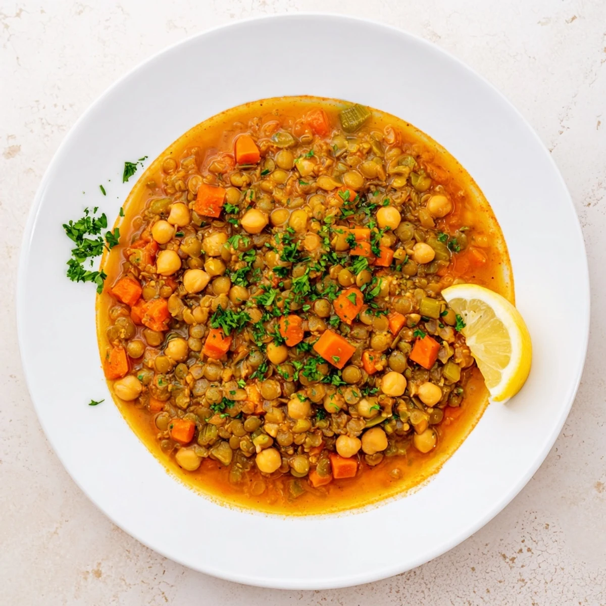 A comforting bowl of Middle Eastern lentil and chickpea stew, ready to enjoy with a squeeze of fresh lemon.