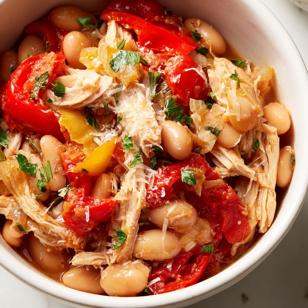 Close-up of savory White Bean and Roasted Red Pepper Chicken, garnished with fresh parsley, steaming deliciously.