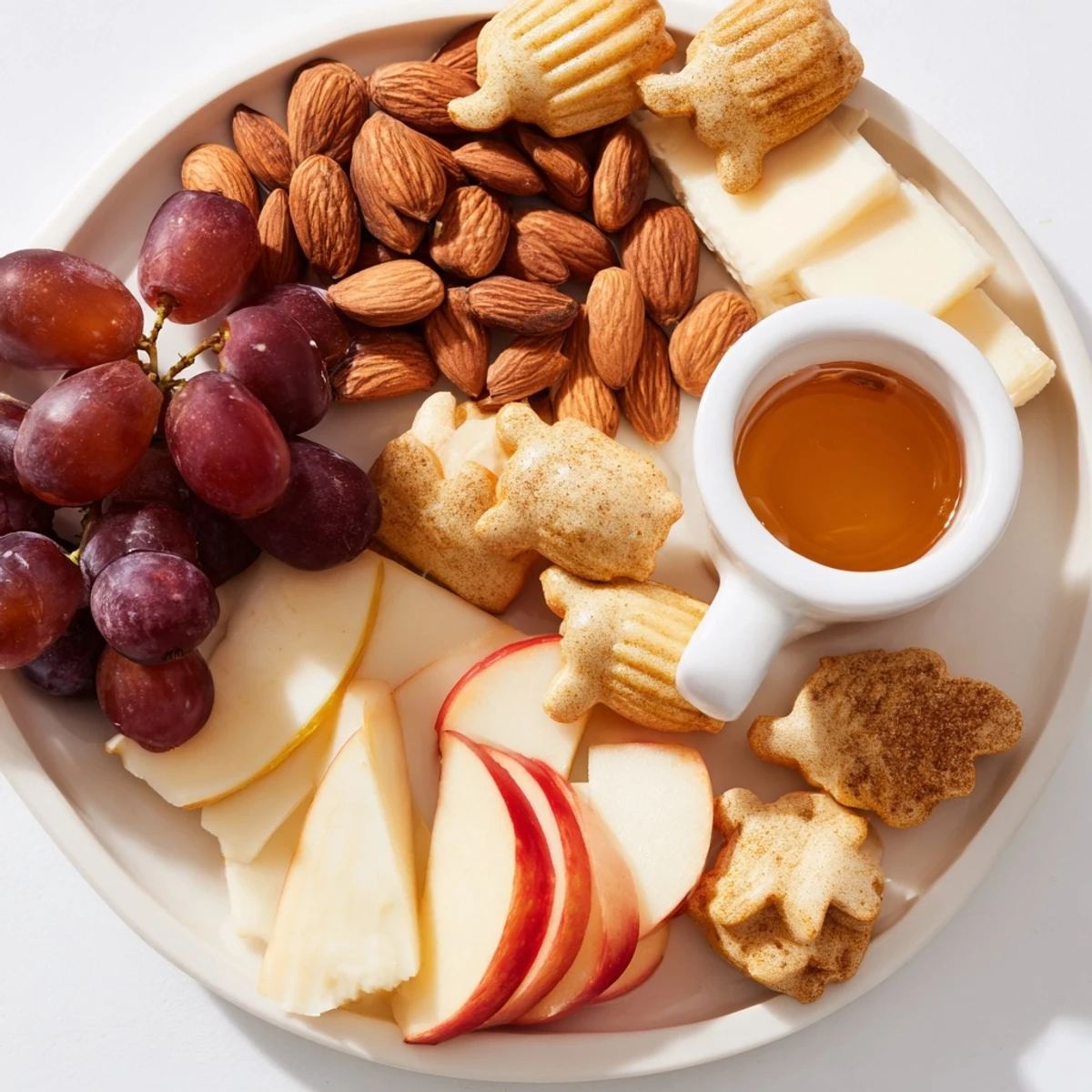 Golden almonds and acorn cheese cutouts create an elegant The Gilded Acorn charcuterie board for guests.