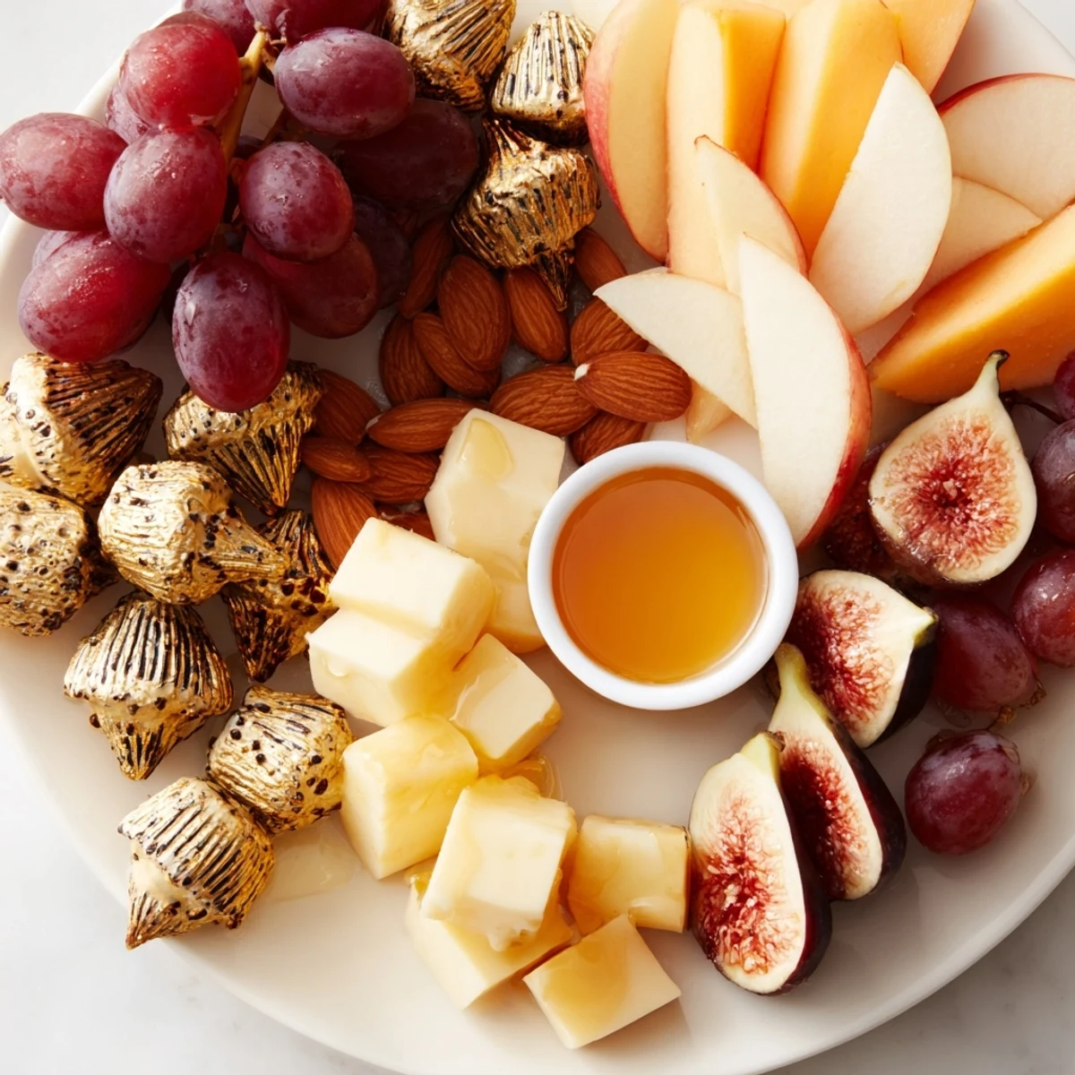 A close-up of The Gilded Acorn: a beautiful charcuterie board with golden almonds, cheeses, and fruits.