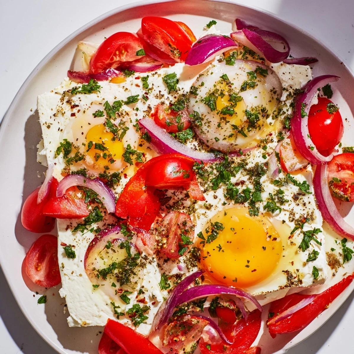 Mediterranean Baked Feta & Eggs sizzling in a baking dish, brimming with ripe tomatoes, ready to serve.