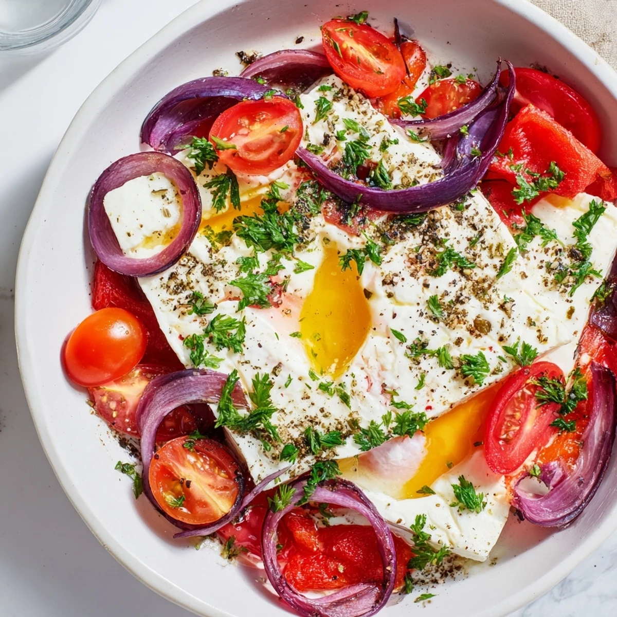A close-up shot of the savory Mediterranean Baked Feta & Eggs, fresh parsley garnish adding a bright pop.