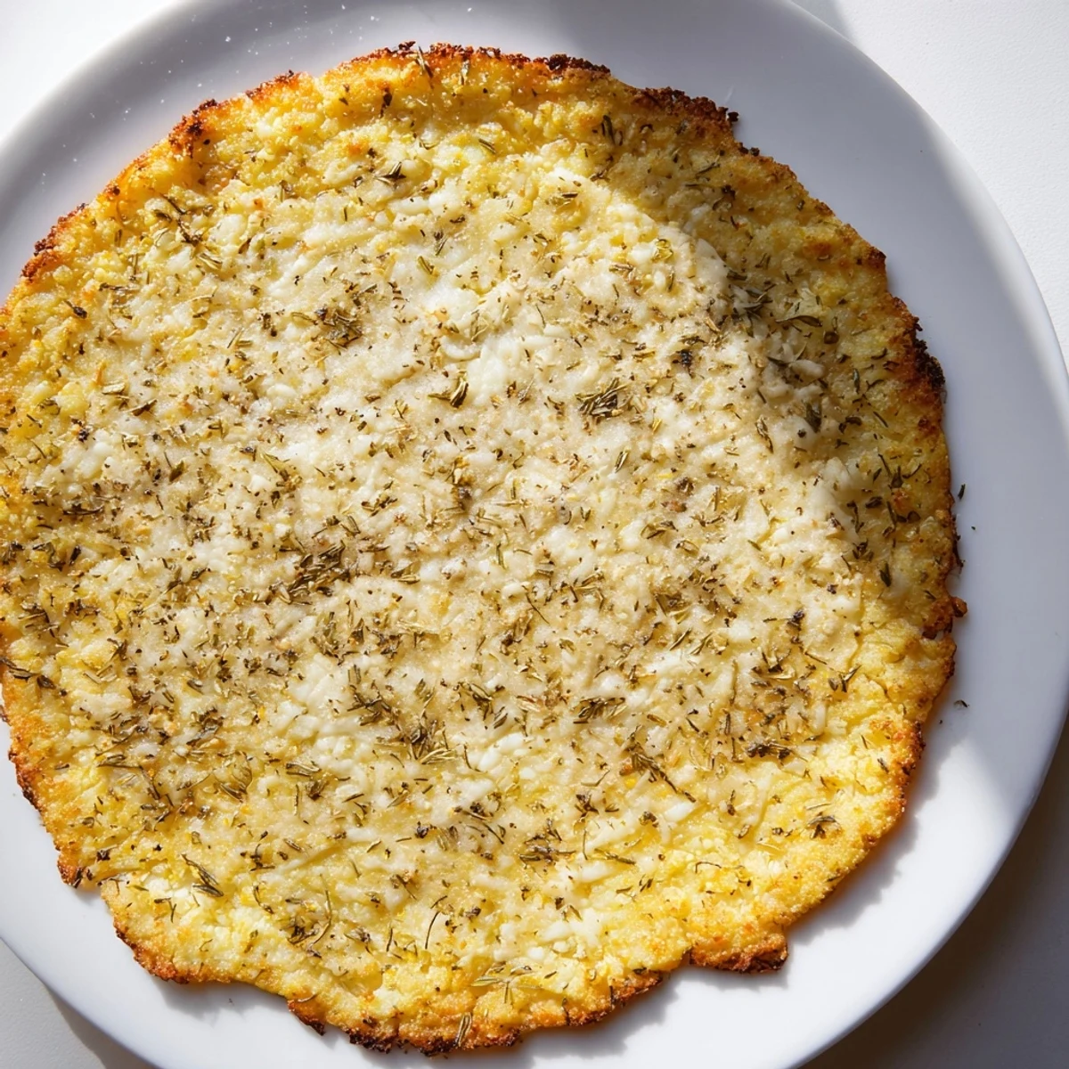 Golden-brown cauliflower pizza crust, ready for toppings, promising a flavorful low-carb meal.