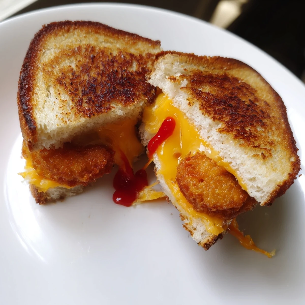 Golden-brown Chicken Nugget Grilled Cheese oozing with melted cheddar, a kid-friendly American classic.