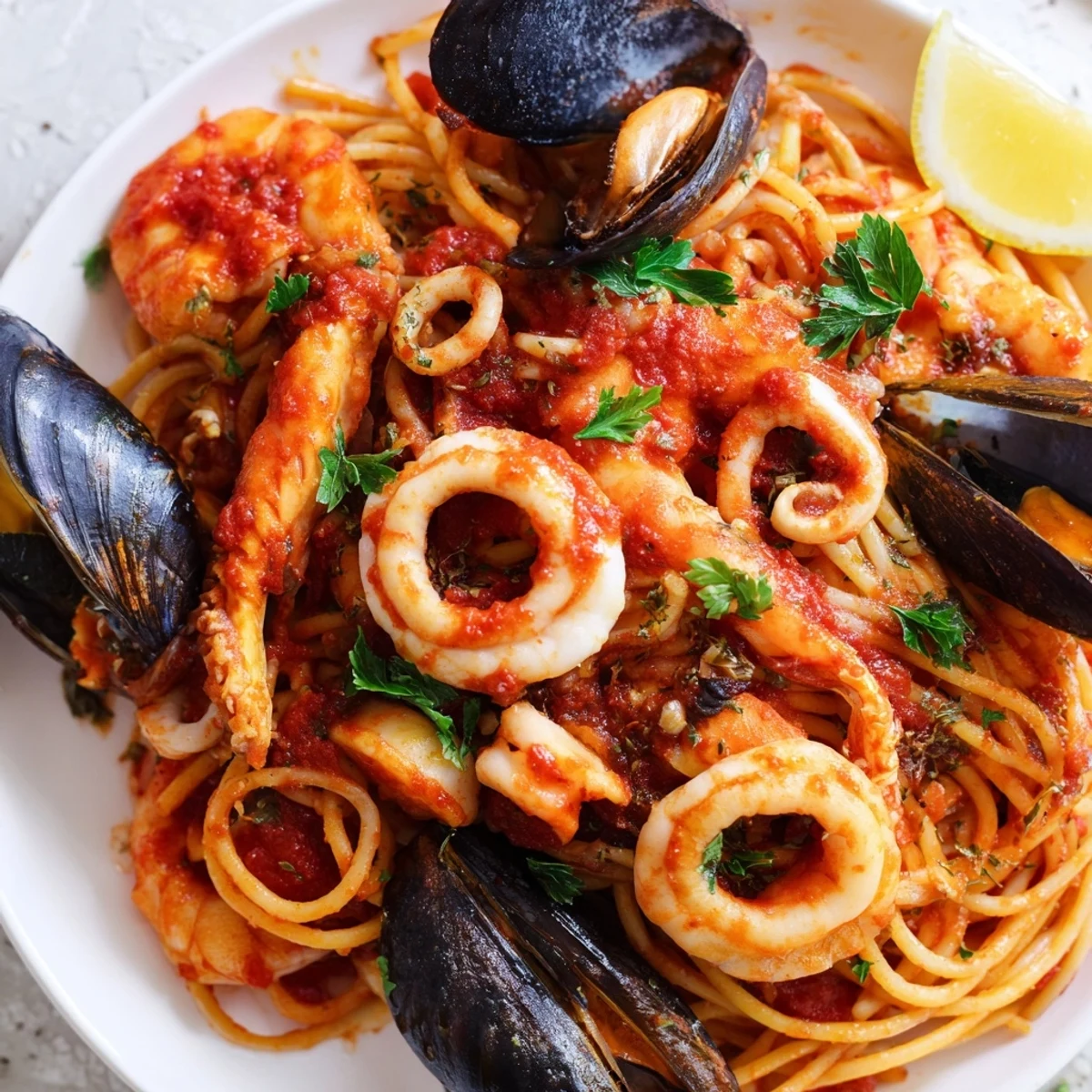Vibrant red sauce coats the perfectly cooked Seafood Marinara Pasta, inviting flavors of the sea.