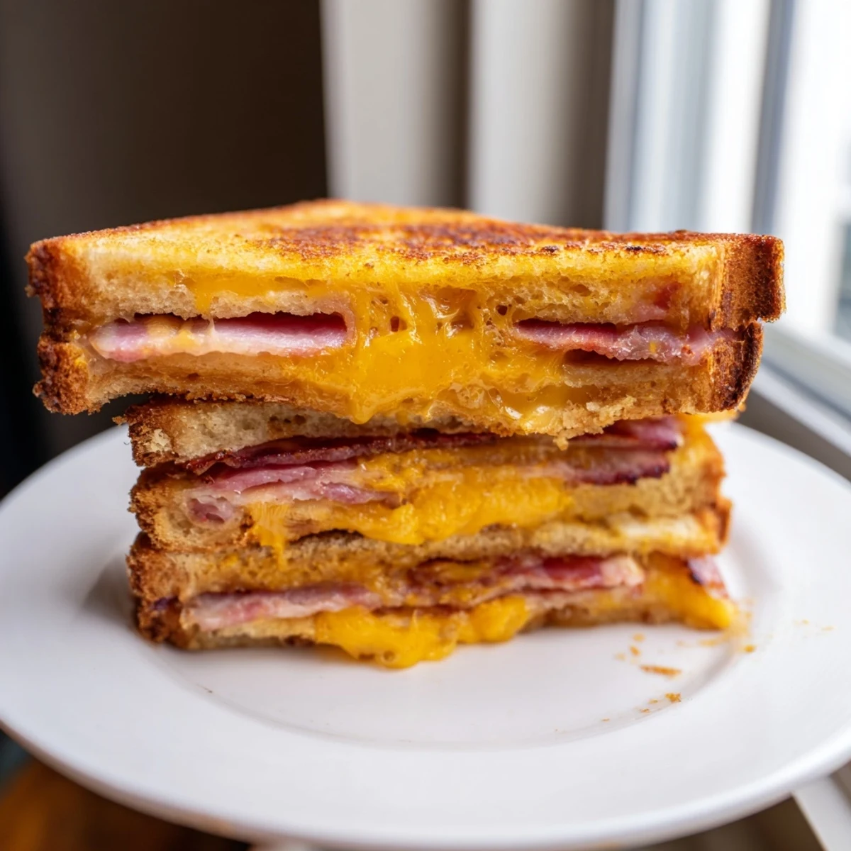 Golden, melted Crispy Bacon Cheddar Grilled Cheese with crispy bacon spilling out, a comforting lunch.