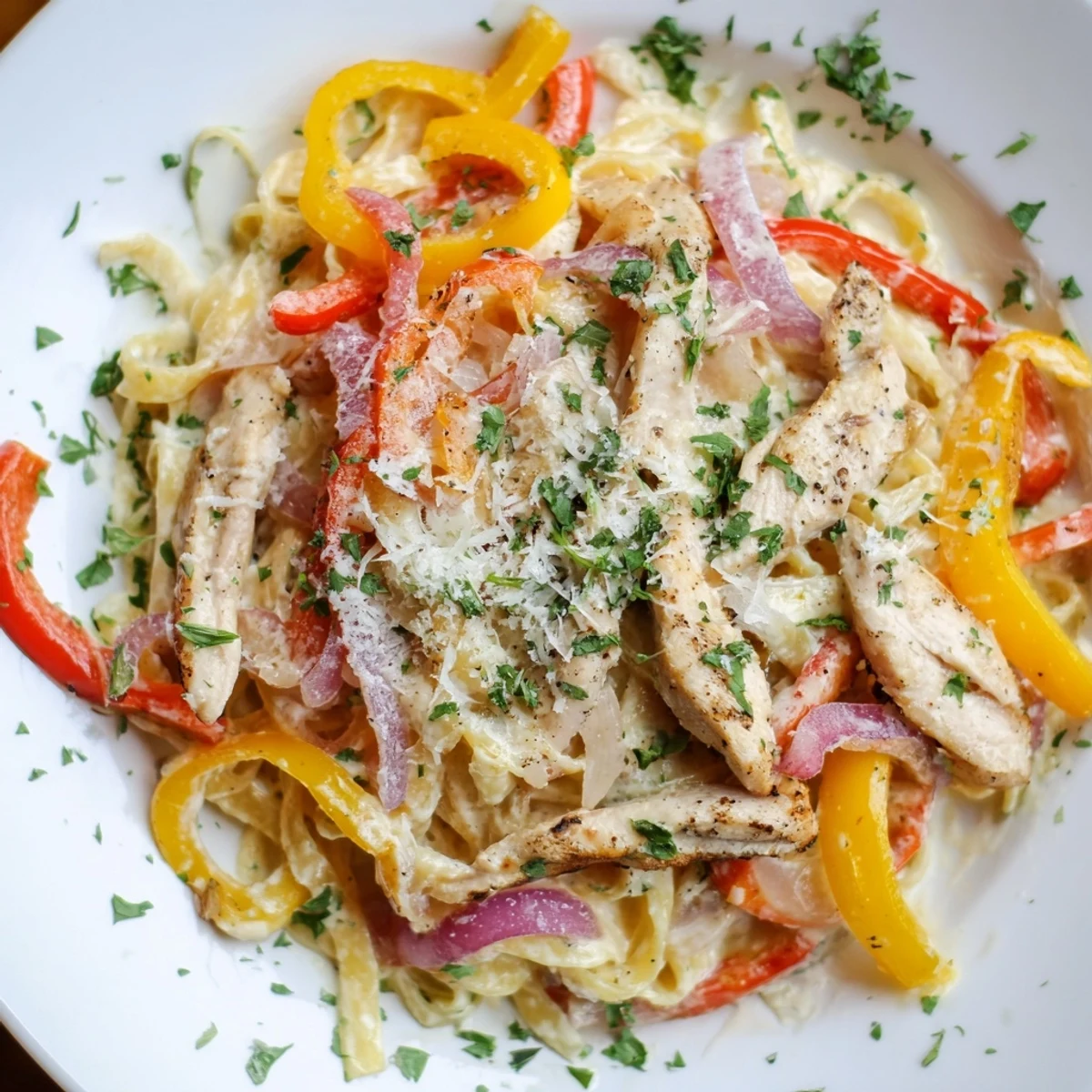 Deliciously seasoned Cajun Chicken Pasta, with vibrant red peppers and a rich, cheesy sauce, ready to eat.