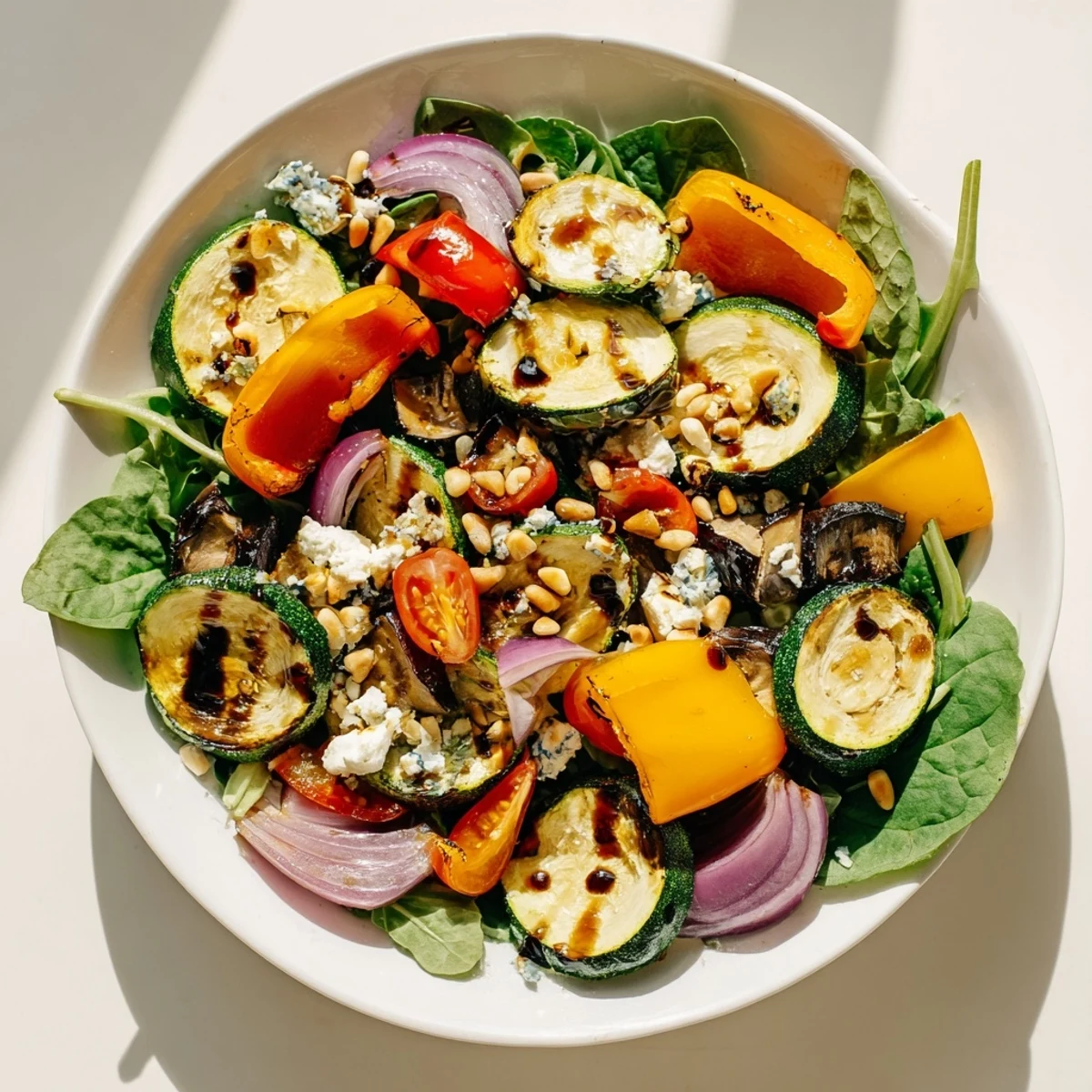 Enjoy this warm or cold Roasted Vegetable Salad, with toasted nuts and tangy balsamic dressing.