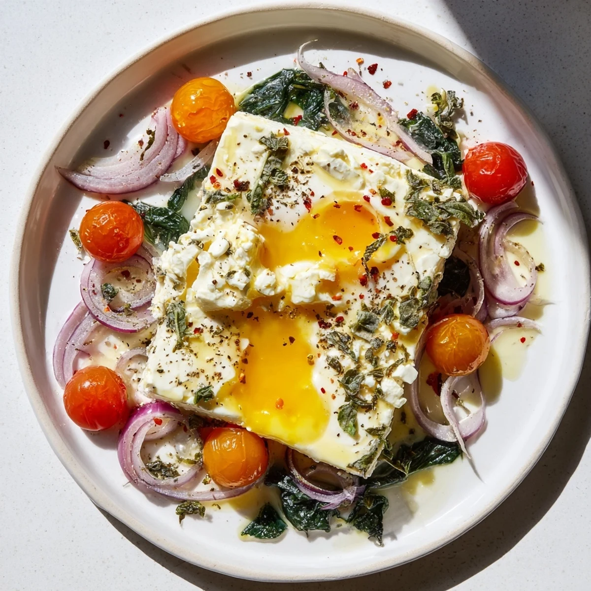 Golden, oozing Baked Feta Eggs with bursting cherry tomatoes and fresh herbs, ready to serve.