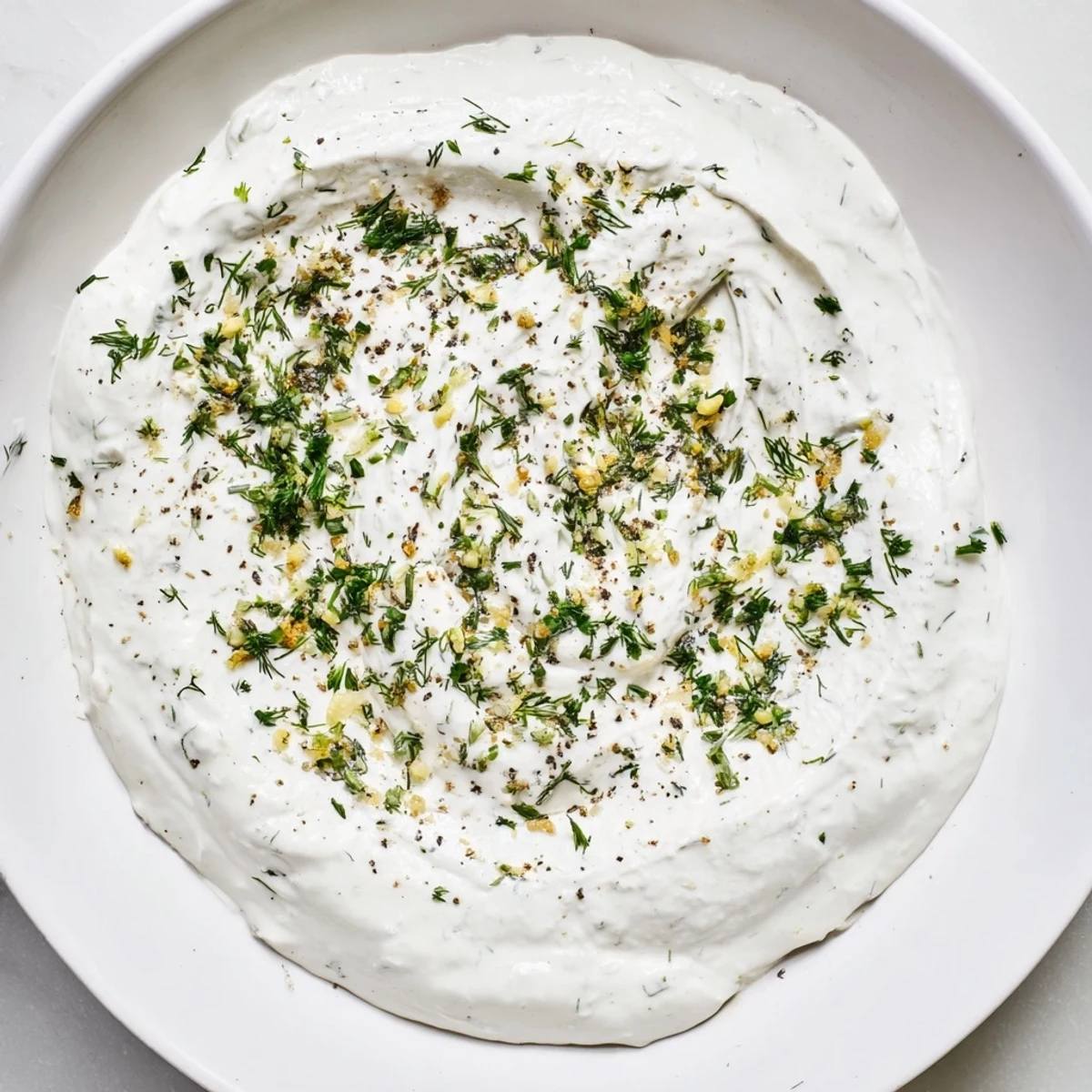 Close-up of creamy, lightened-up Greek Yogurt Ranch Dip, bursting with fresh herbs and perfect for dipping.