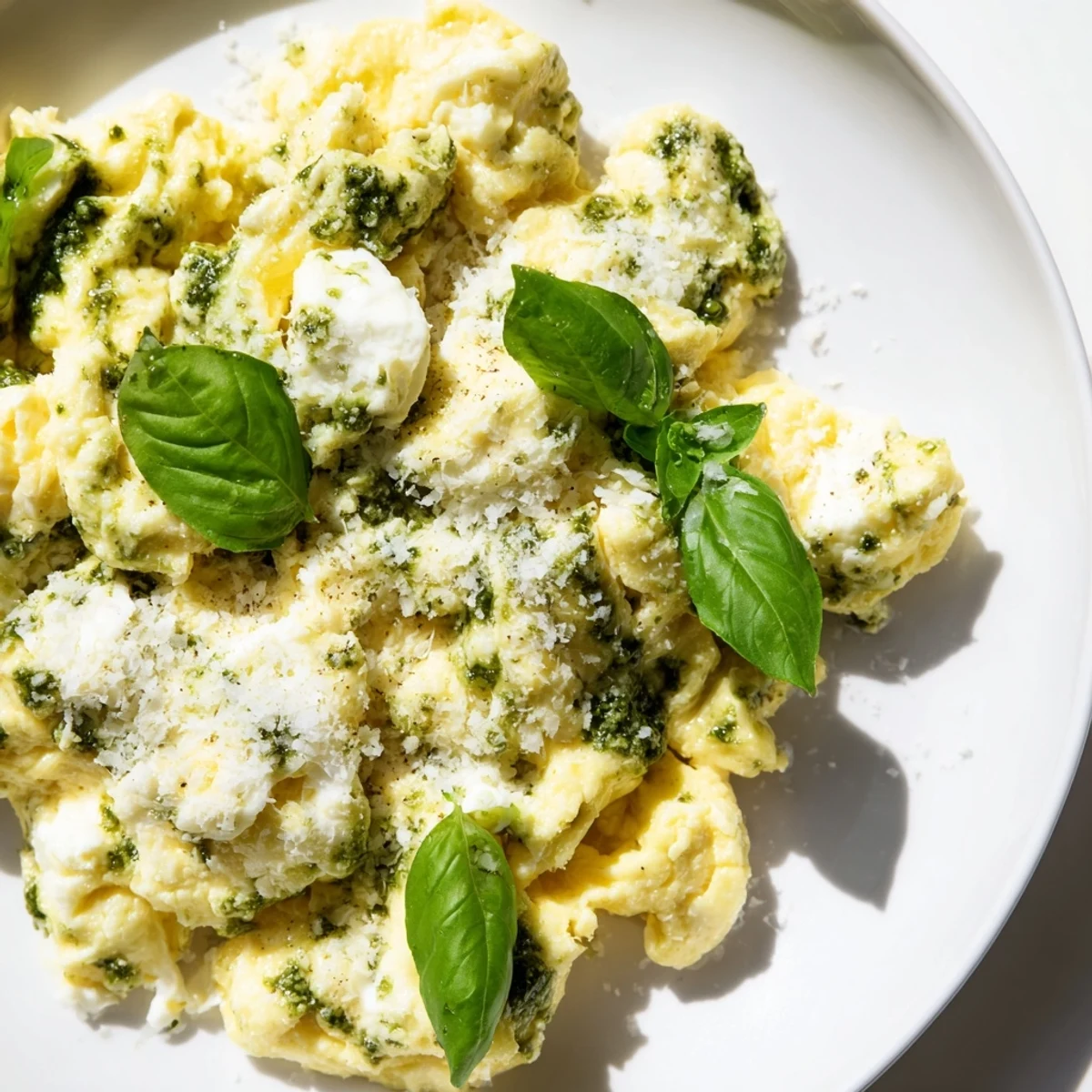 Fluffy, savory Pesto Cottage Cheese Eggs served on toast with fresh basil and Parmesan cheese.