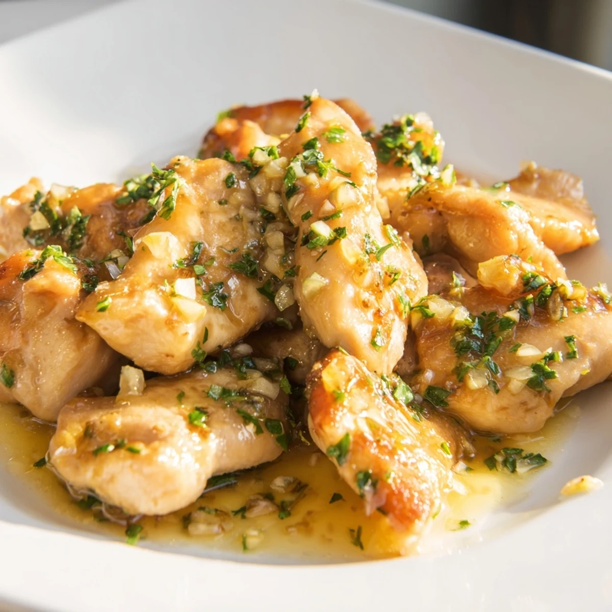 Sizzling skillet of Garlic Butter Chicken Bites, garnished with parsley, ready for a delicious meal.