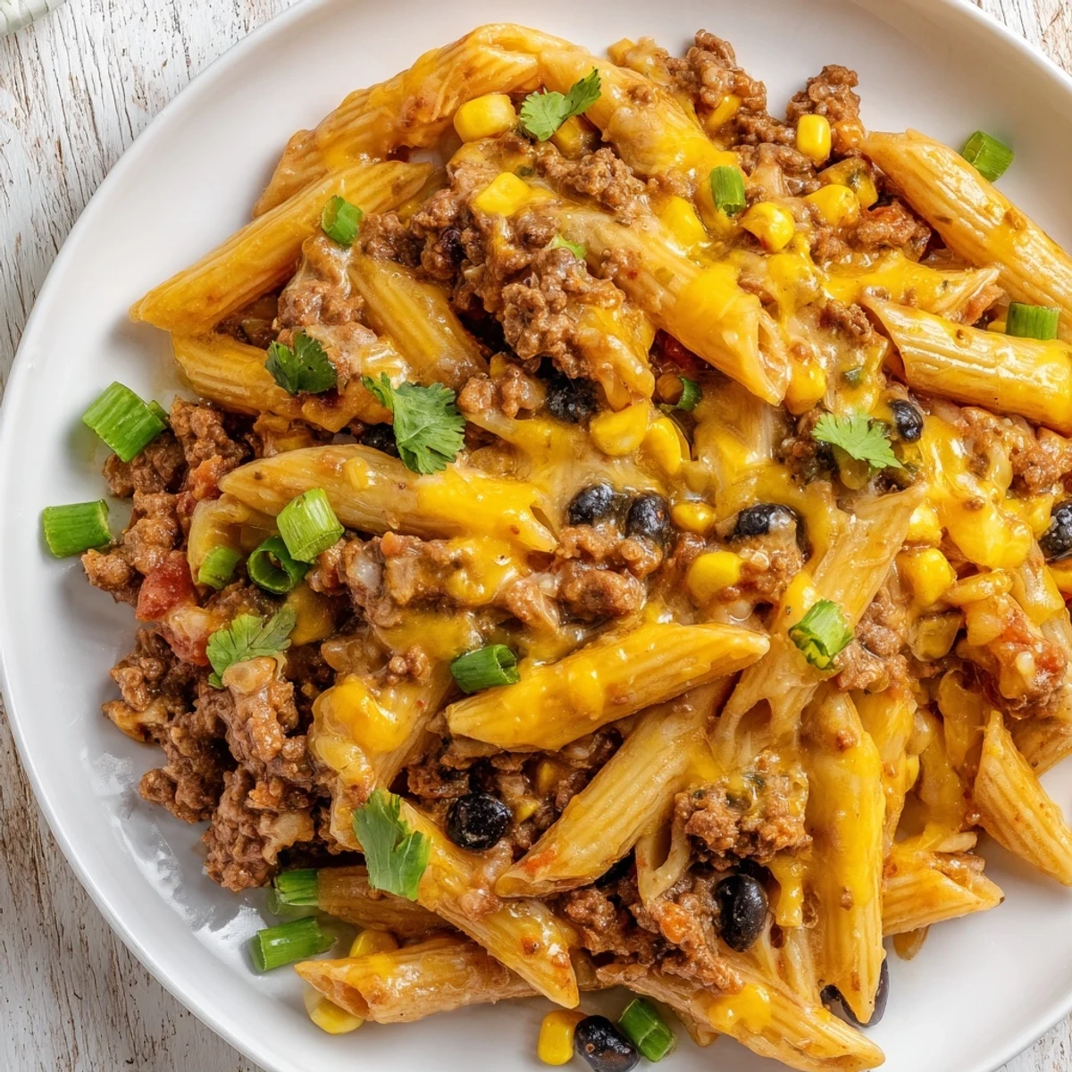 Enjoy a family-friendly view of bubbling Cheesy Taco Pasta, perfect for a weeknight dinner.