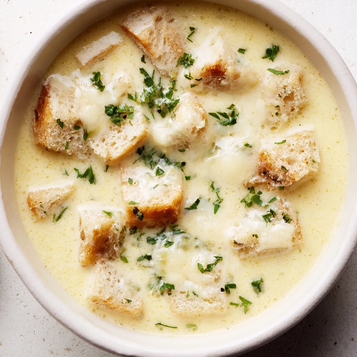 Creamy garlic bread soup, featuring a swirl of velvety broth, garnished with fresh parsley and Parmesan.