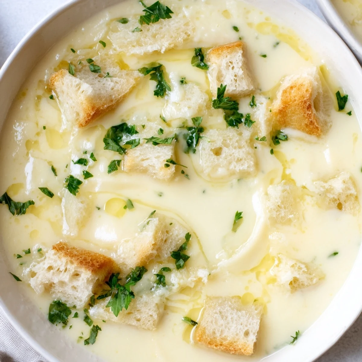 Enjoy rich, flavorful creamy garlic bread soup; a comforting, hearty meal perfect for a chilly day.