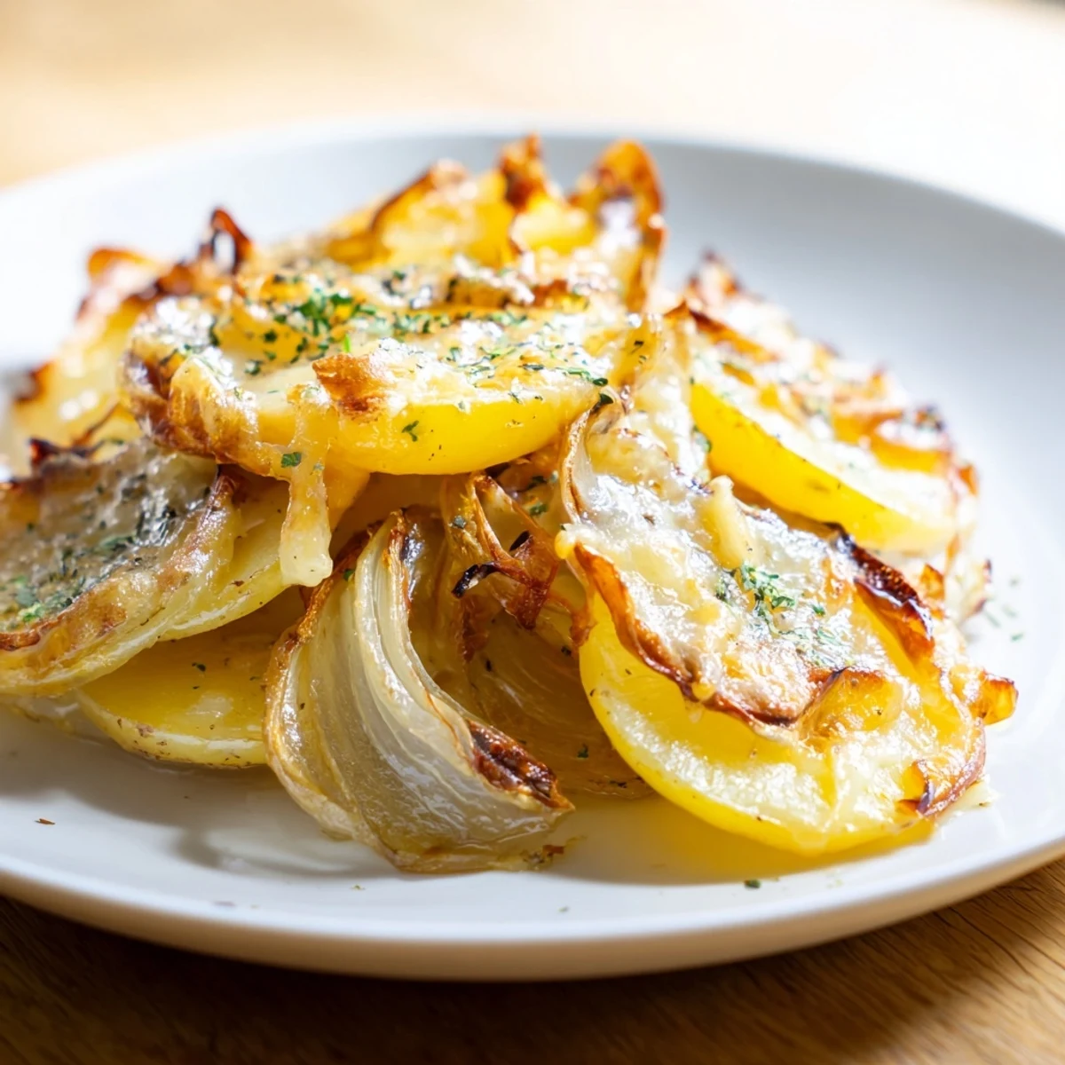 A close-up of cheesy French Onion Soup Potatoes, showcasing the crispy potato slices and savory toppings in a side dish.
