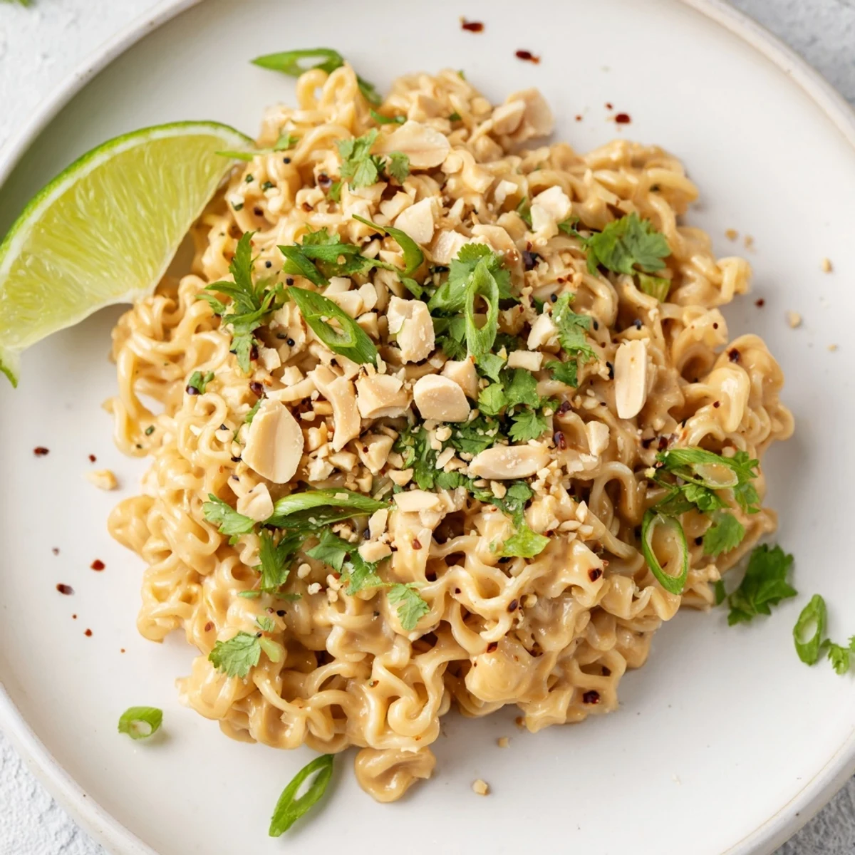 Steaming hot Instant Peanut Thai Sauce Noodles, coated in a rich peanut sauce and ready to eat.