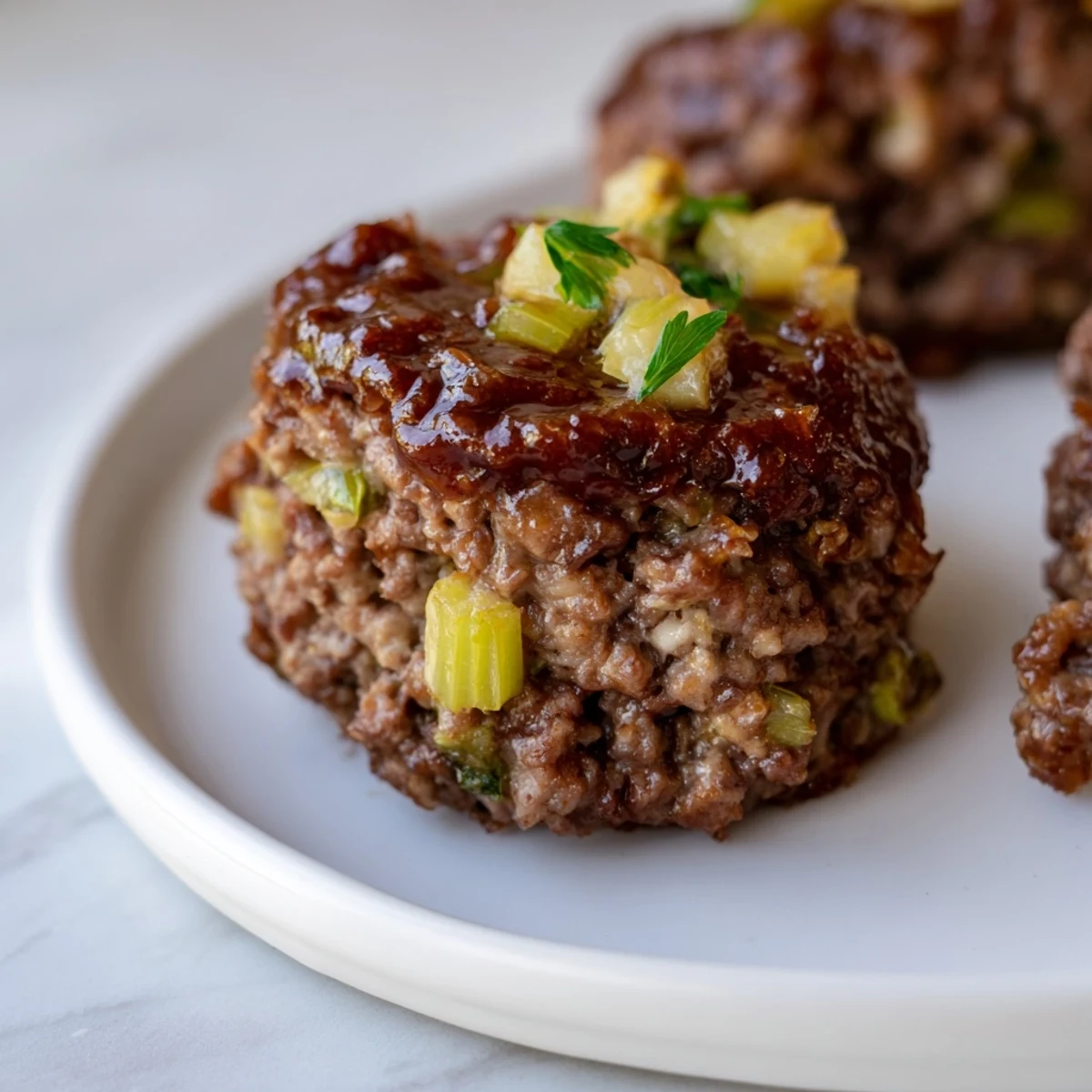 Close-up of golden-brown mini meatloaf bites, baked to perfection and glazed beautifully.