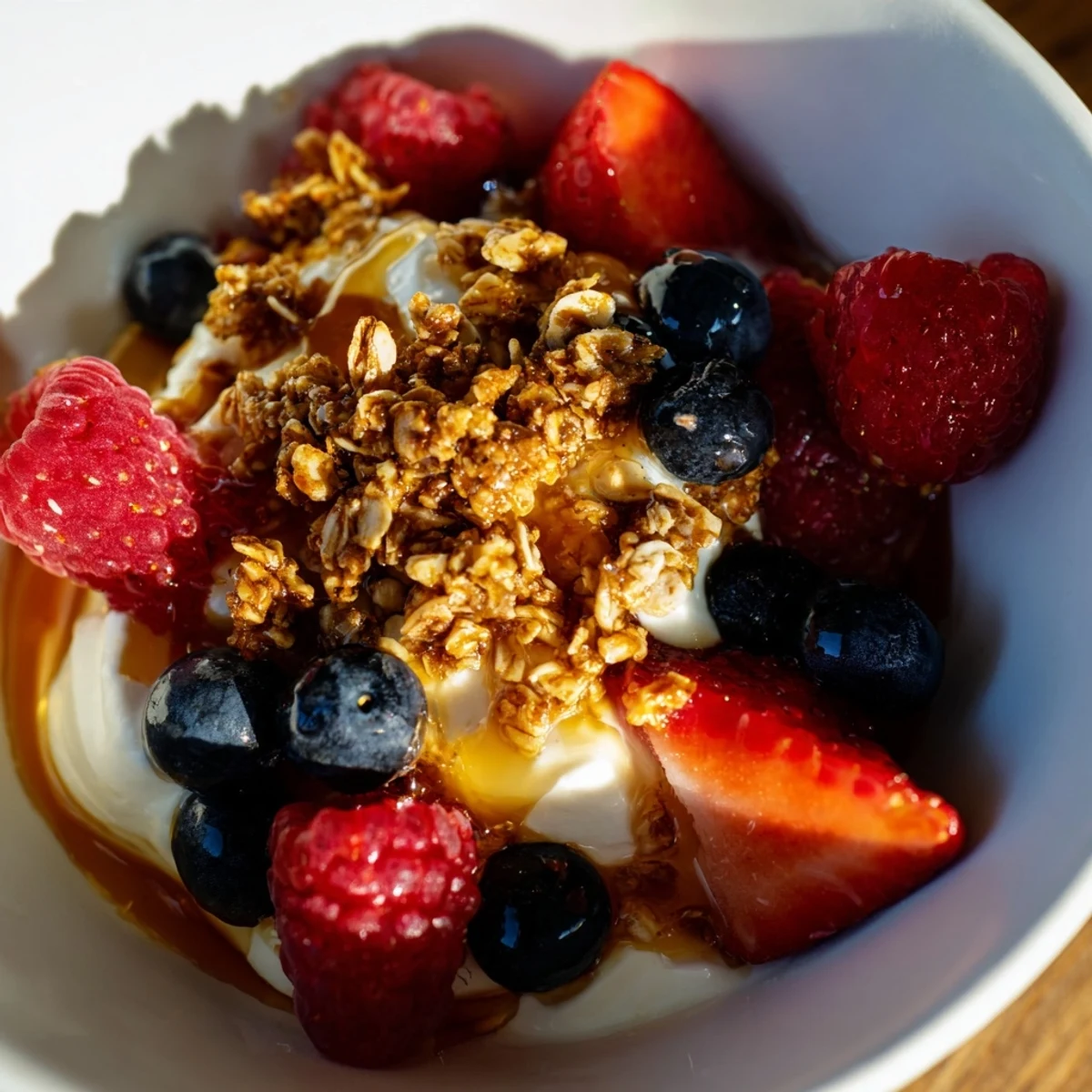 Fresh Cottage Cheese Hot Honey Bowl boasting vibrant berries, crunchy granola, and a spicy honey glaze – perfect breakfast.