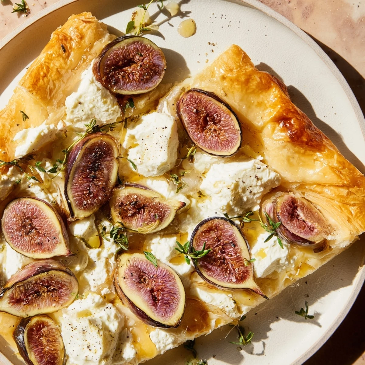 Delectable close-up of a puff pastry truffle pizza, showcasing sweet figs and melted goat cheese.
