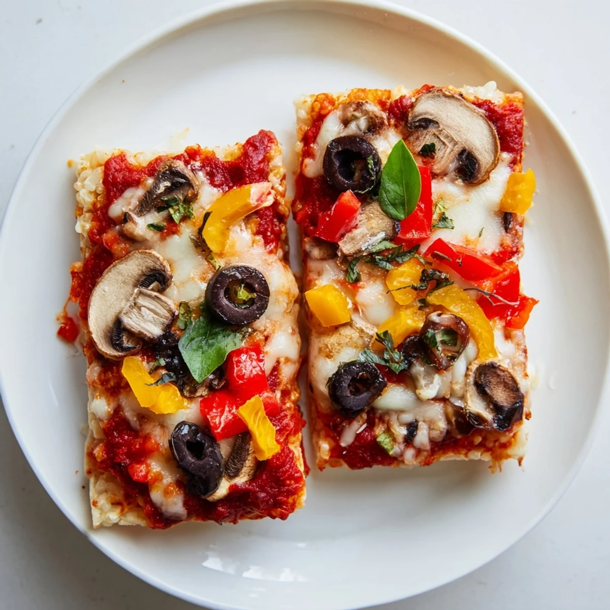Golden, bubbly Rice Cake Pizza Squares with melted mozzarella, ready for a satisfying bite.