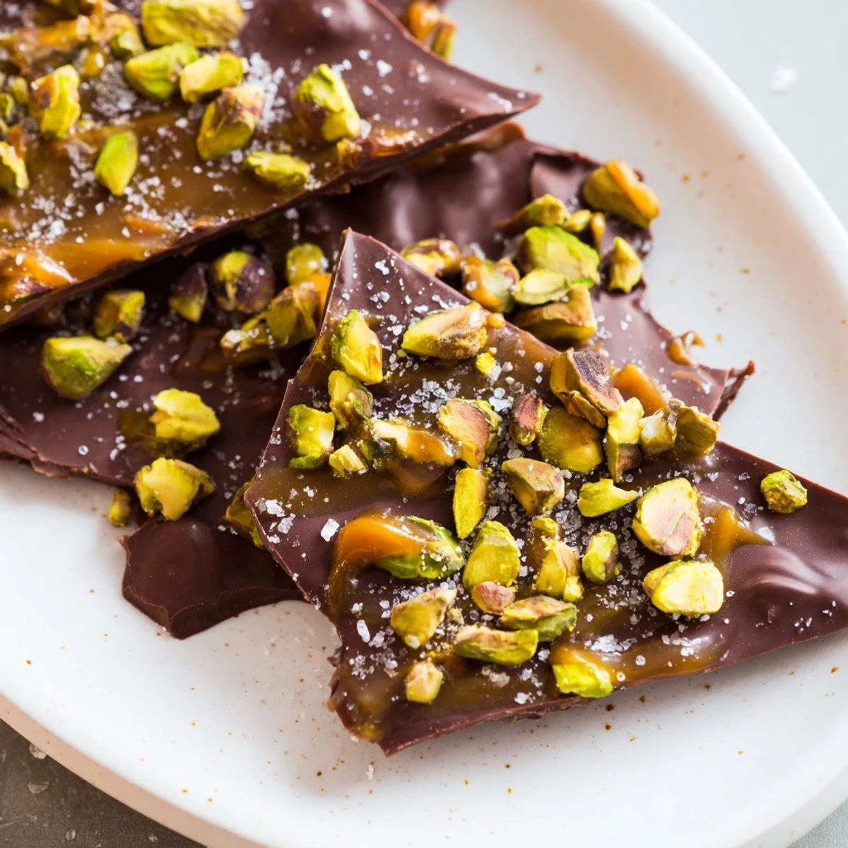 Golden, glistening Pistachio Salted Caramel Bark showcasing a beautiful combination of textures and flavors.