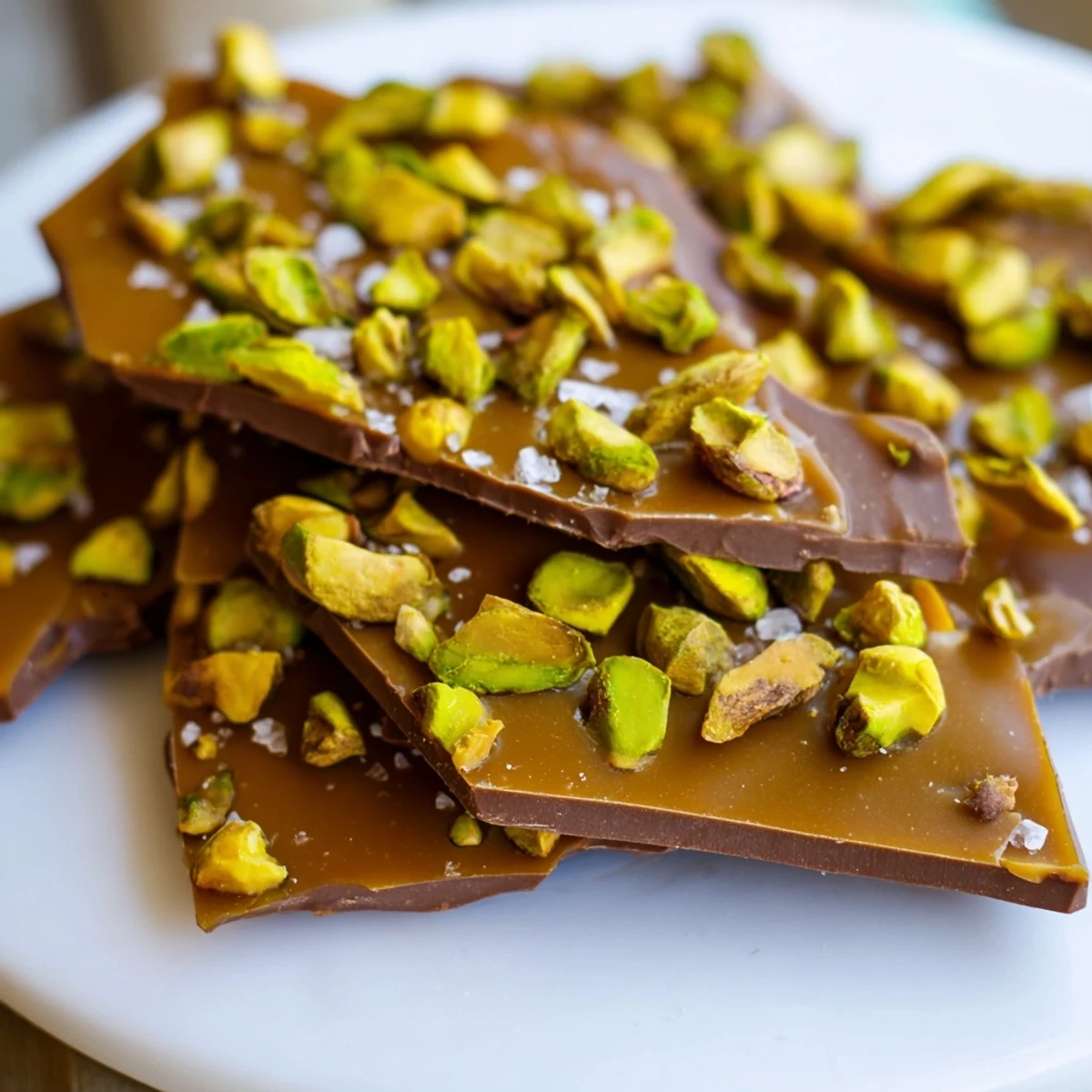 Homemade Pistachio Salted Caramel Bark, with a perfect crack, ready to enjoy as a sweet treat.