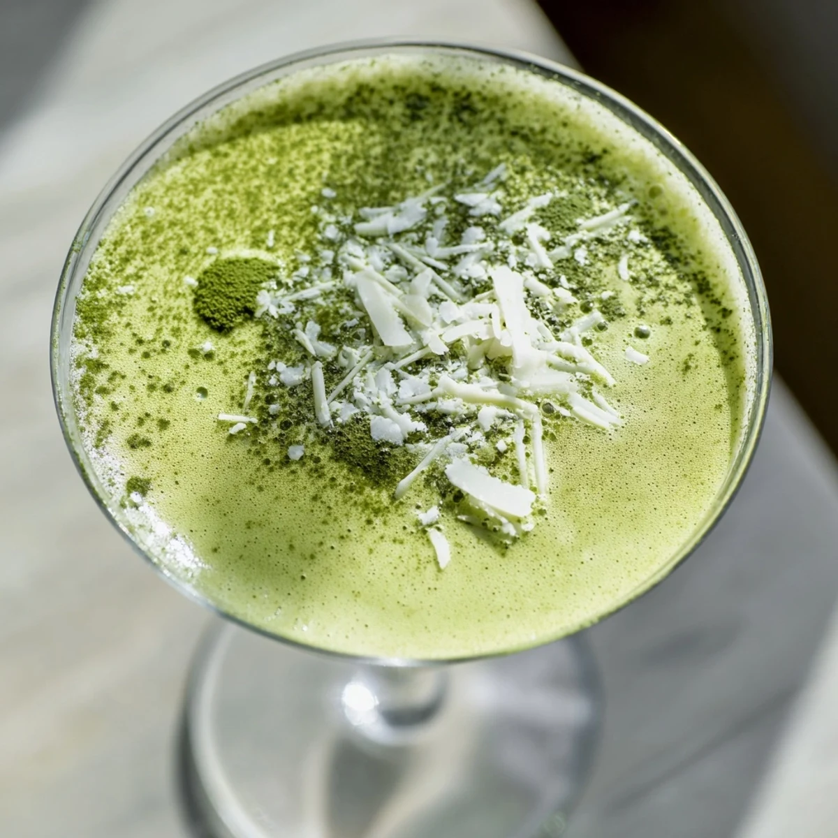 Ready to serve Matcha Martini cocktail with a white chocolate shavings garnish on a textured napkin.