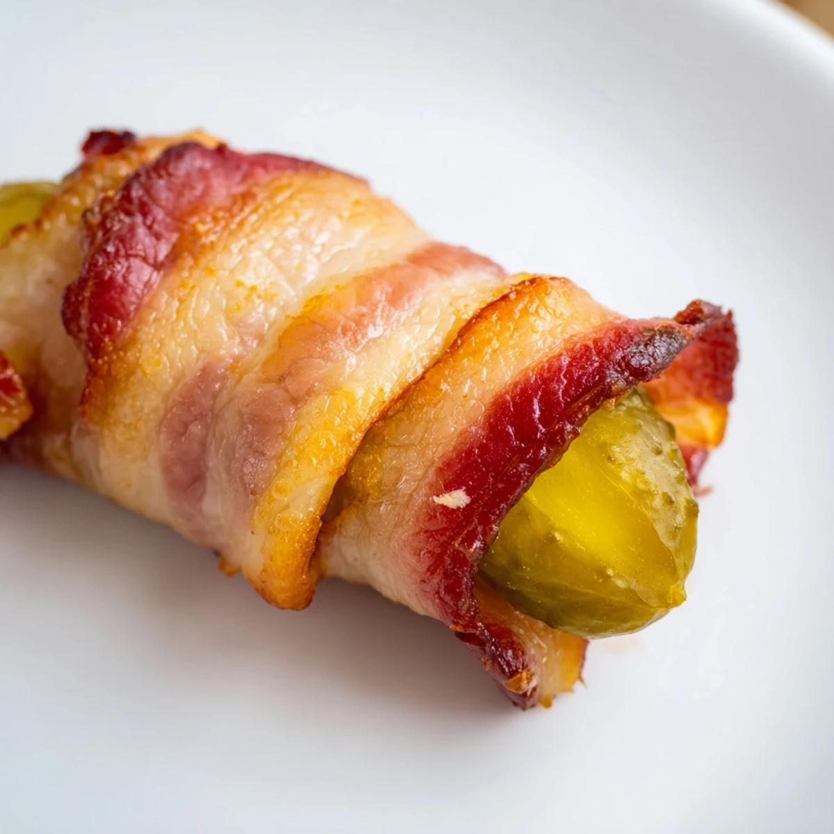 Freshly baked bacon-wrapped pickles on a rustic wooden board, ready to serve with dipping sauce.