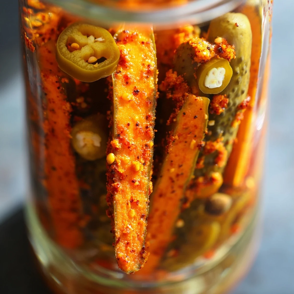 Bright green dill pickle spears marinated in bold taco seasoning, with sliced jalapeños and garlic in a clear jar.  