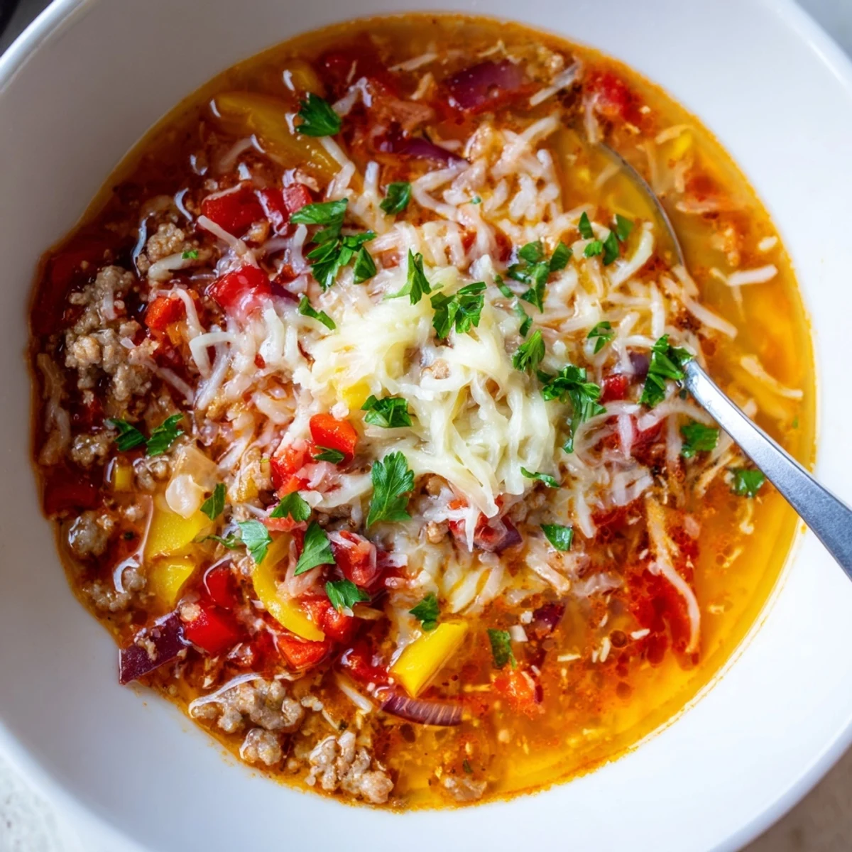 A ladle scoops up hearty Pizza Soup filled with Italian sausage, diced tomatoes, and red bell pepper.