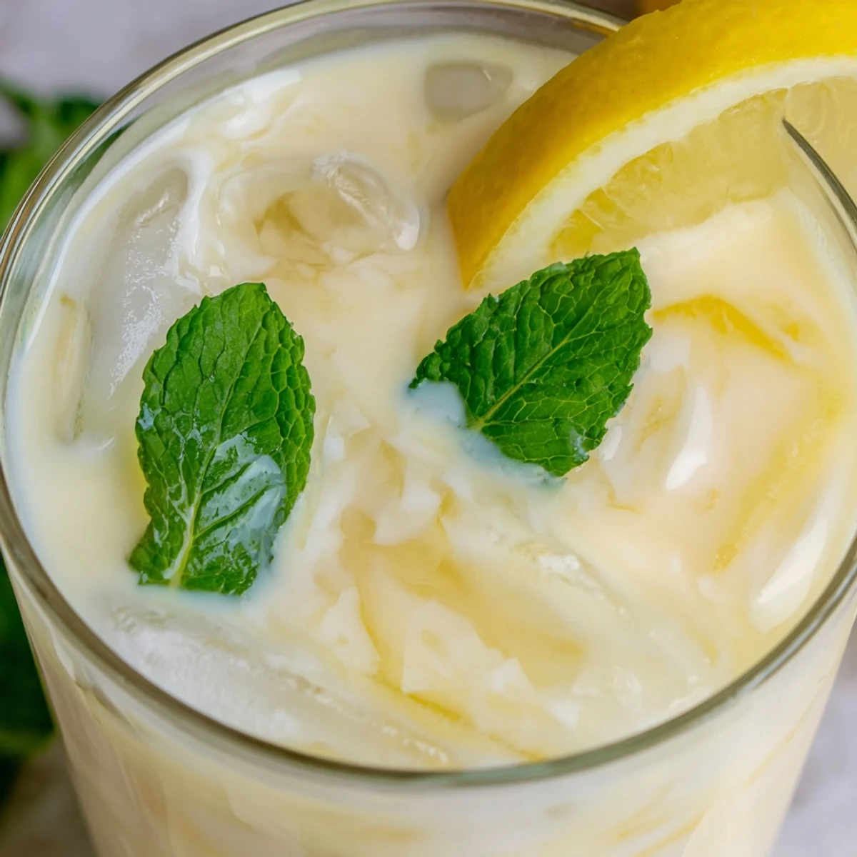 Creamy lemonade drink fills tall glasses with ice, garnished by lemon slices and fresh mint leaves.