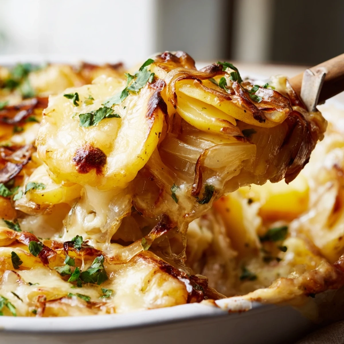 Golden-brown French Onion Soup Potatoes served warm as a cheesy side dish, topped with fresh parsley and perfectly caramelized onions.