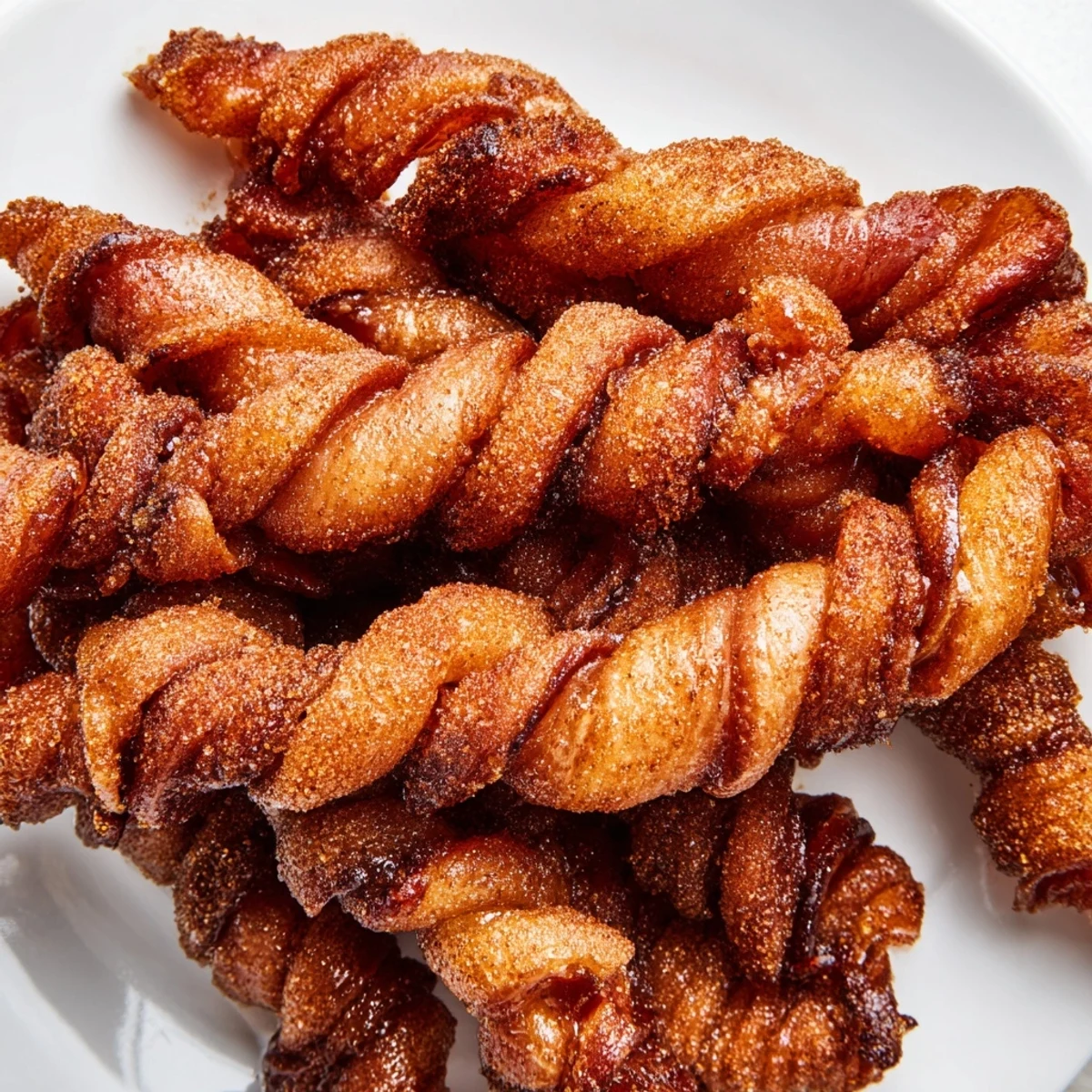 Twisted bacon strips with a sweet and spicy crust, ready to serve as a cocktail snack or appetizer.