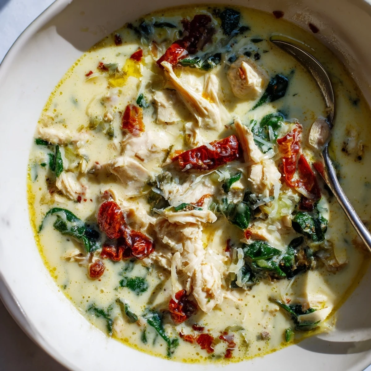A bowl of creamy Tuscan chicken soup with tender shredded chicken, wilted spinach, and chopped sun-dried tomatoes, garnished with Parmesan and fresh herbs.  