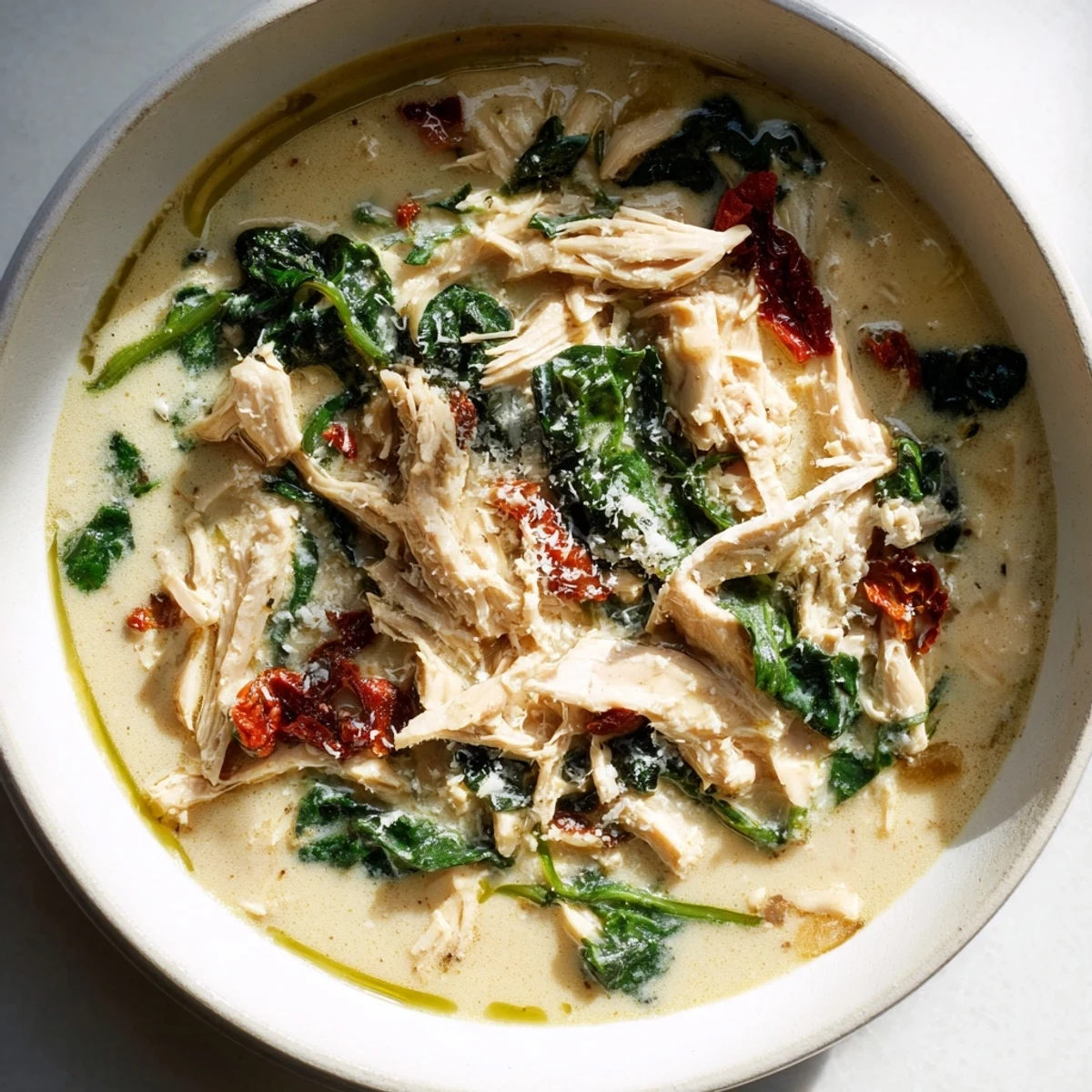 Creamy Tuscan chicken soup simmering in a pot with vibrant spinach, sun-dried tomatoes, and savory herbs, ready to be served.  
