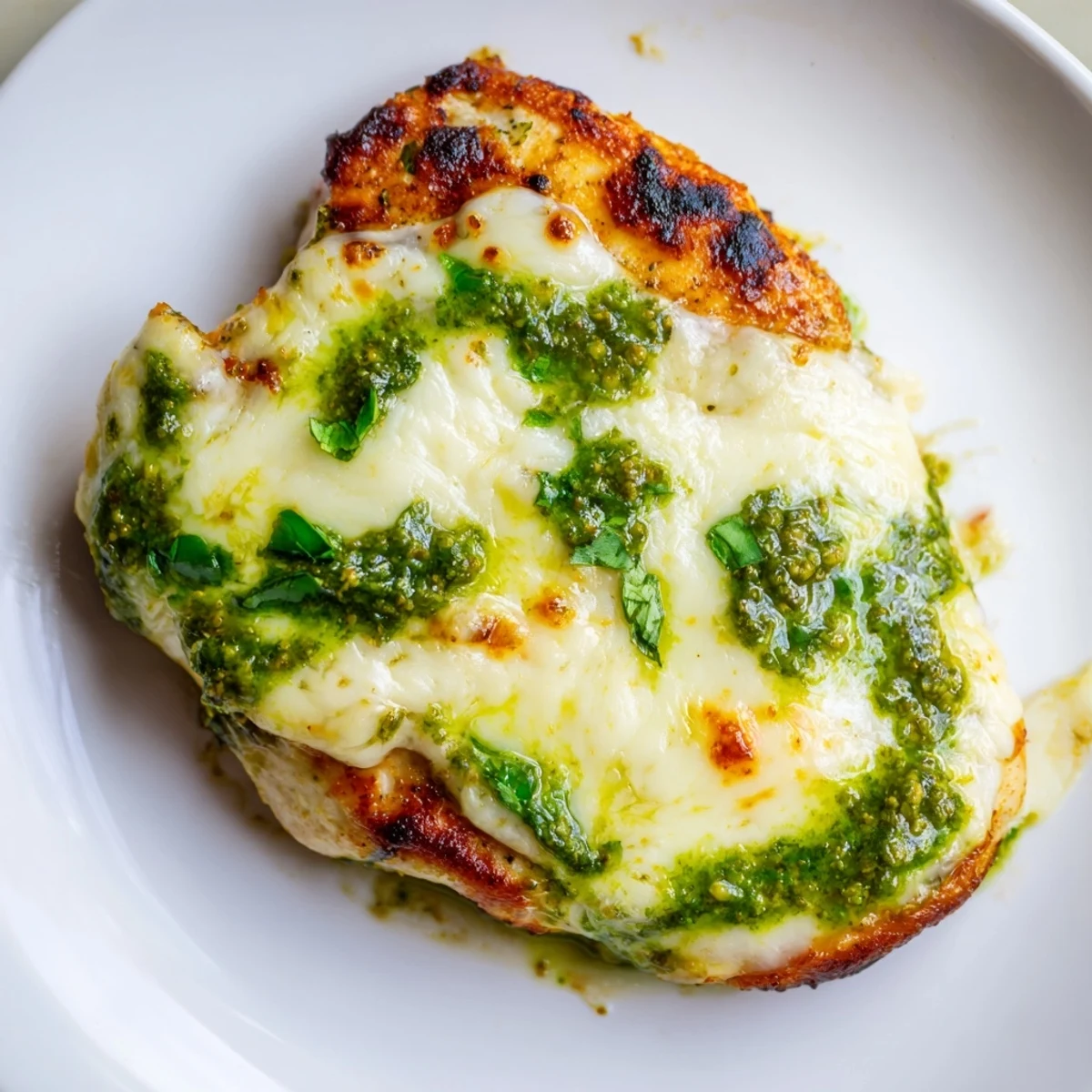 Grilled chicken breast with melted mozzarella and basil pesto on a toasted ciabatta roll, ready to serve.