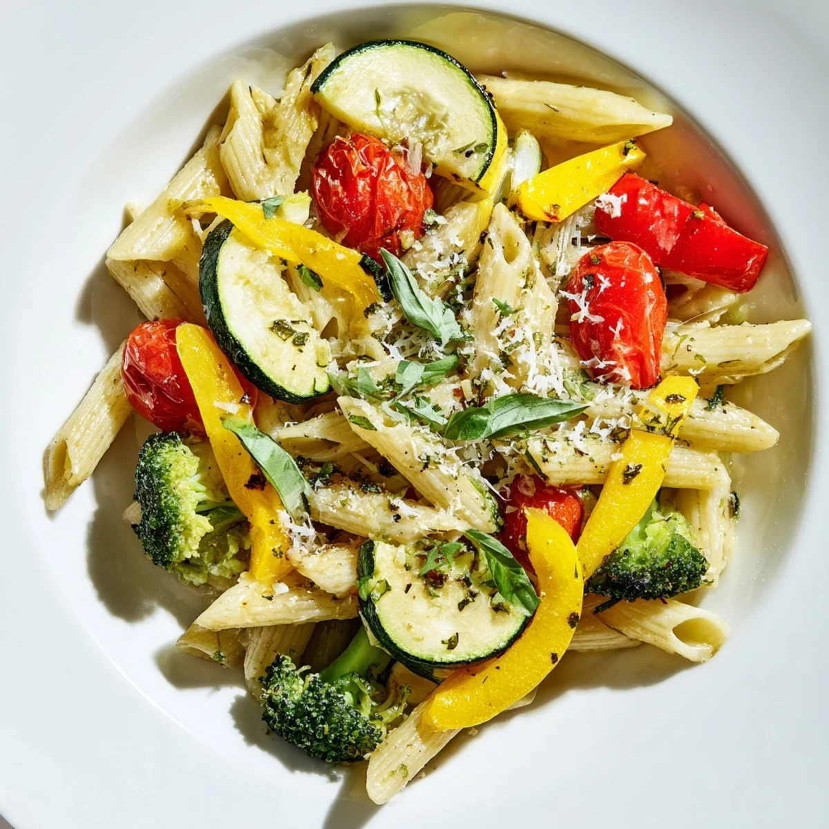 A close-up of colorful Pasta Primavera in a white bowl, featuring roasted zucchini, bell peppers, and broccoli tossed with penne, garnished with fresh basil and grated Parmesan.  