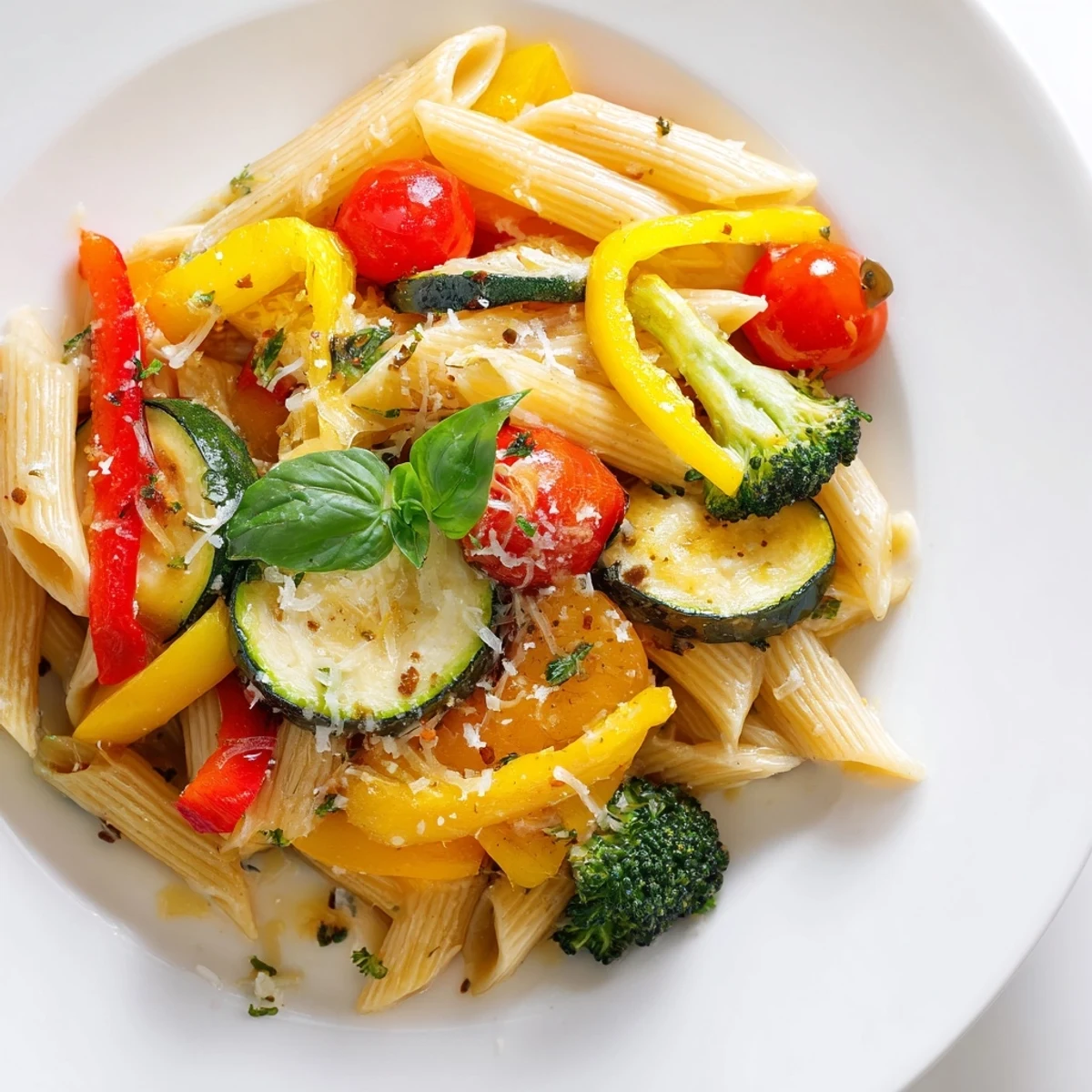A beautifully plated serving of Pasta Primavera, highlighting golden-tossed vegetables, al dente pasta, and a sprinkle of Parmesan for a fresh, weeknight meal.